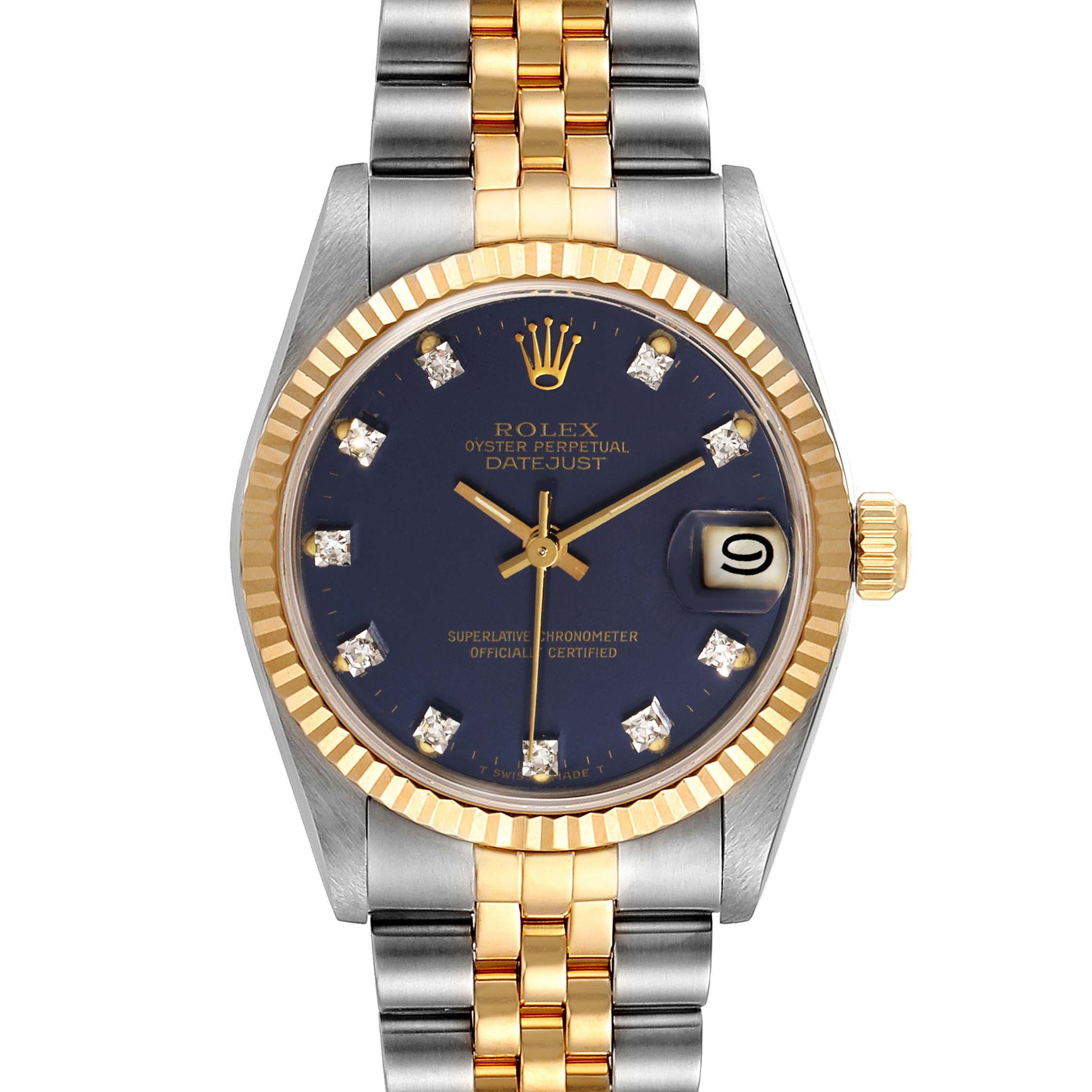 This Rolex Mid-Size 68273 Women's Steel and Gold (two tone) Blue Dial 68273 Women's Steel and Gold (two tone) Blue Dial Oyster Perpetual Datejust watch is shown from a top-down angle, displaying the face, bezel, and partial bracelet.