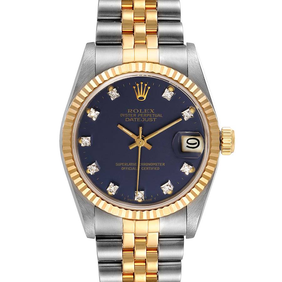 Rolex Datejust Midsize 31 Steel Yellow Gold Blue Diamond Dial Watch 68273 SwissWatchExpo