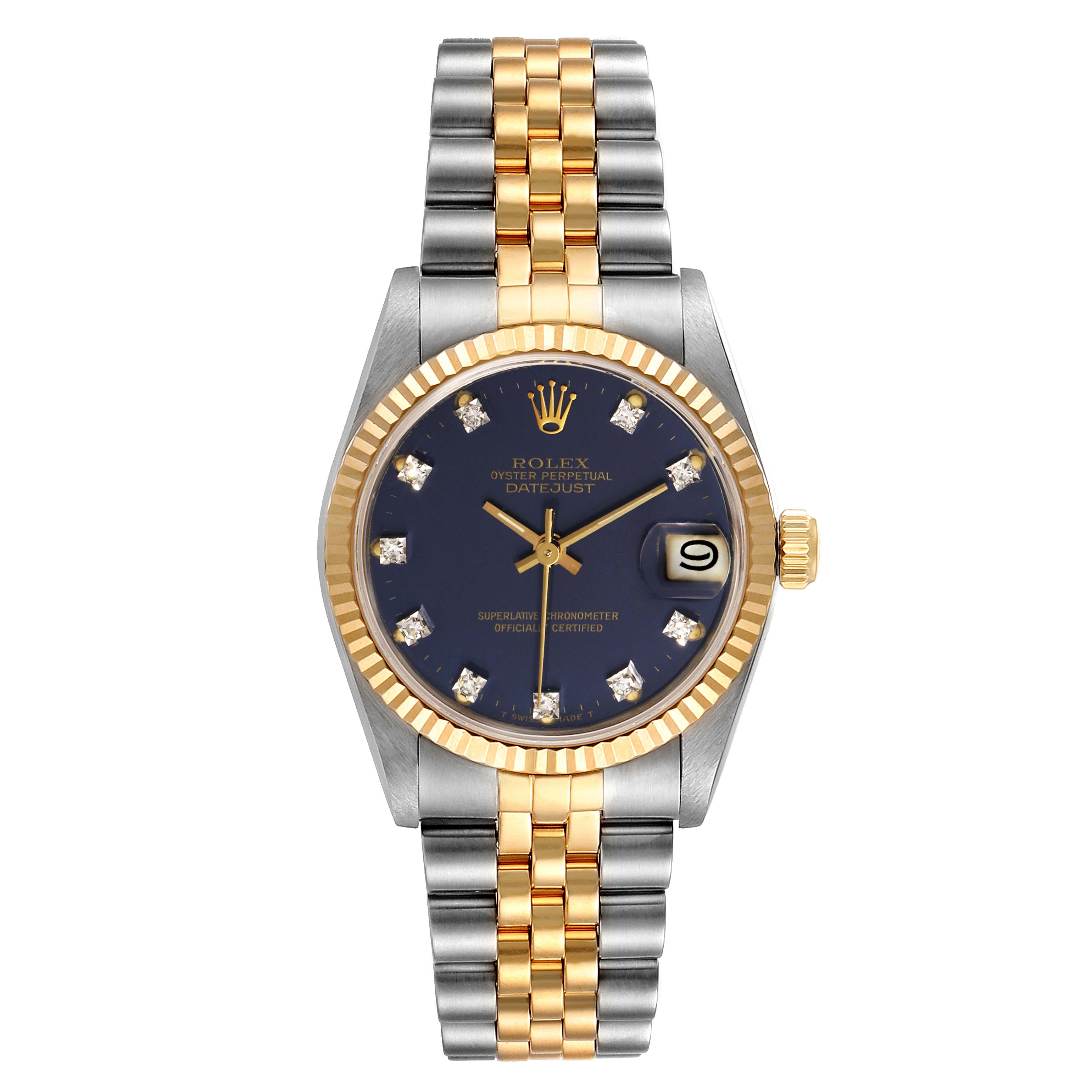 The Rolex Mid-Size 68273 Women's Steel and Gold (two tone) Blue Dial 68273 Women's Steel and Gold (two tone) Blue Dial Datejust watch is shown from a top view, displaying its two-tone bracelet, fluted bezel, and black dial with date window.