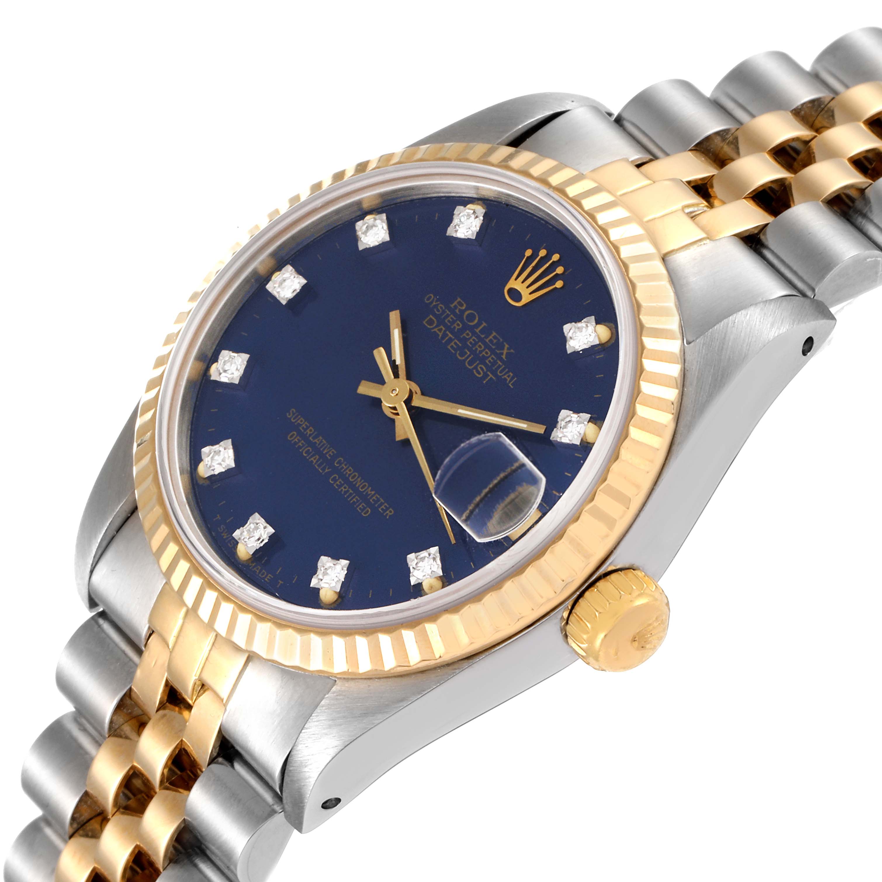 This image shows a Mid-Size Rolex Datejust watch from an angled side view, focusing on the face, bezel, crown, and bracelet.