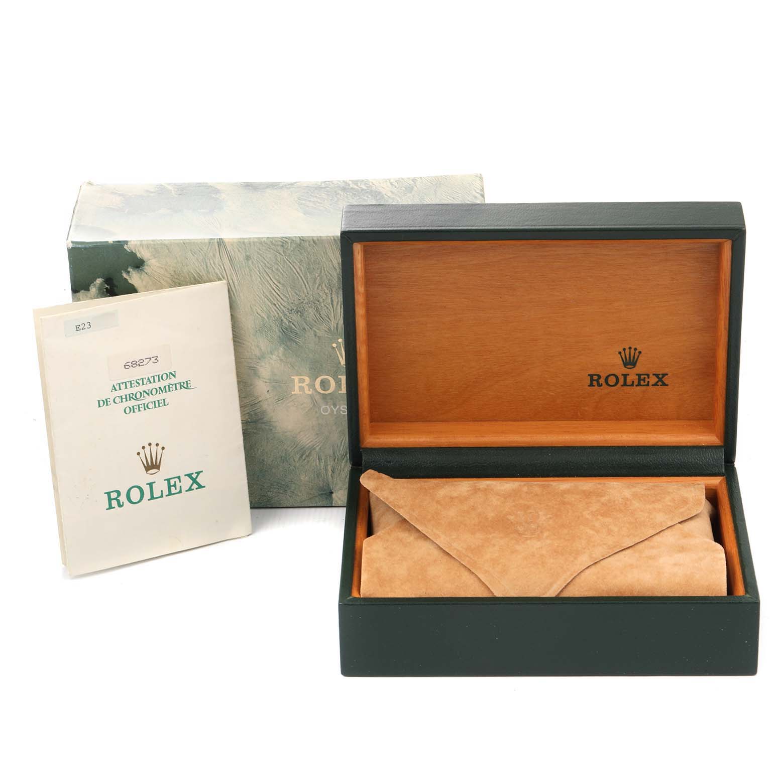 The image shows a Rolex Mid-Size 68273 Women's Steel and Gold (two tone) Champagne Dial 68273 Women's Steel and Gold (two tone) Champagne Dial watch box, document, and packaging from a front view.