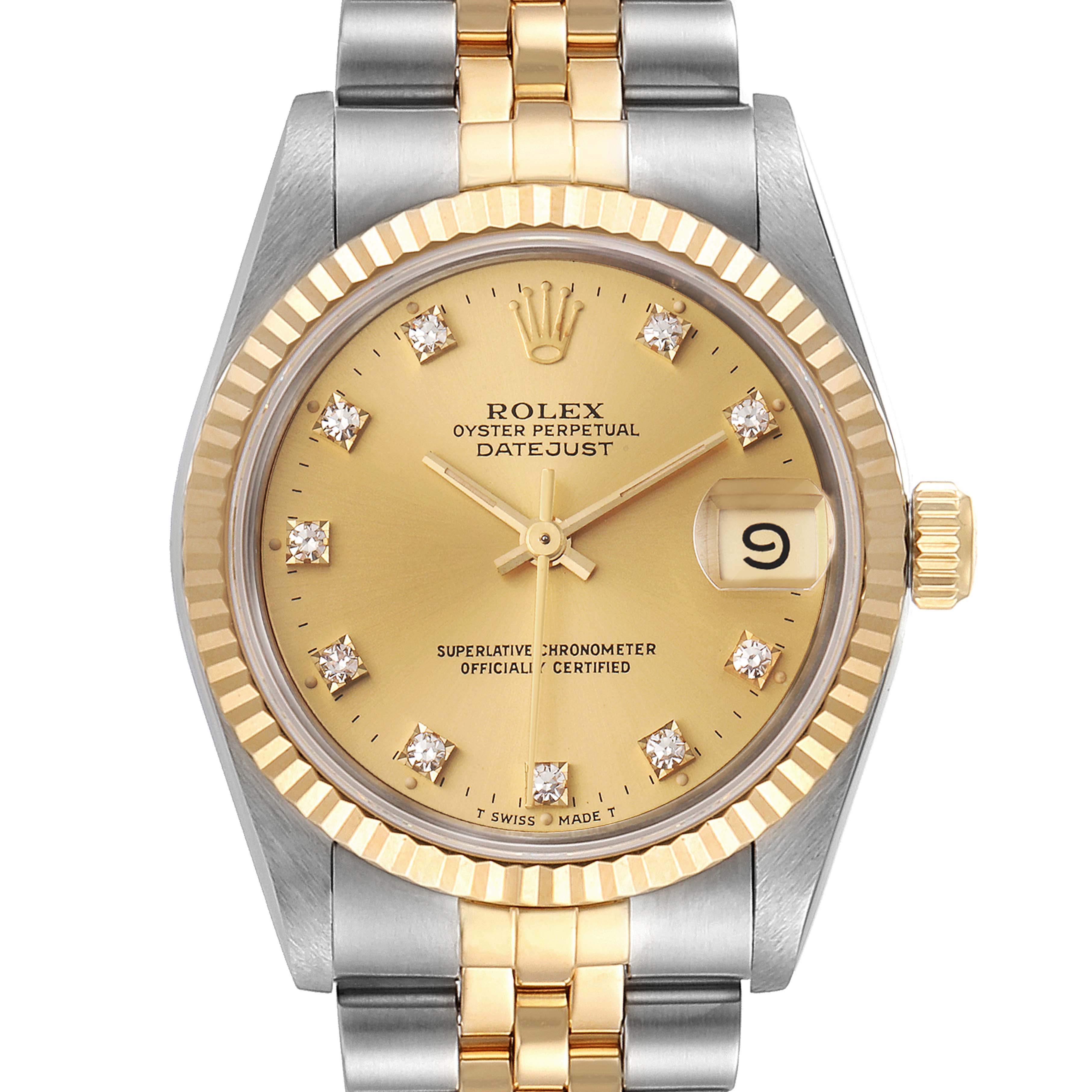 The image shows a front view of a Mid-Size Rolex Oyster Perpetual Datejust watch, highlighting the gold and silver bracelet, dial, and date function.