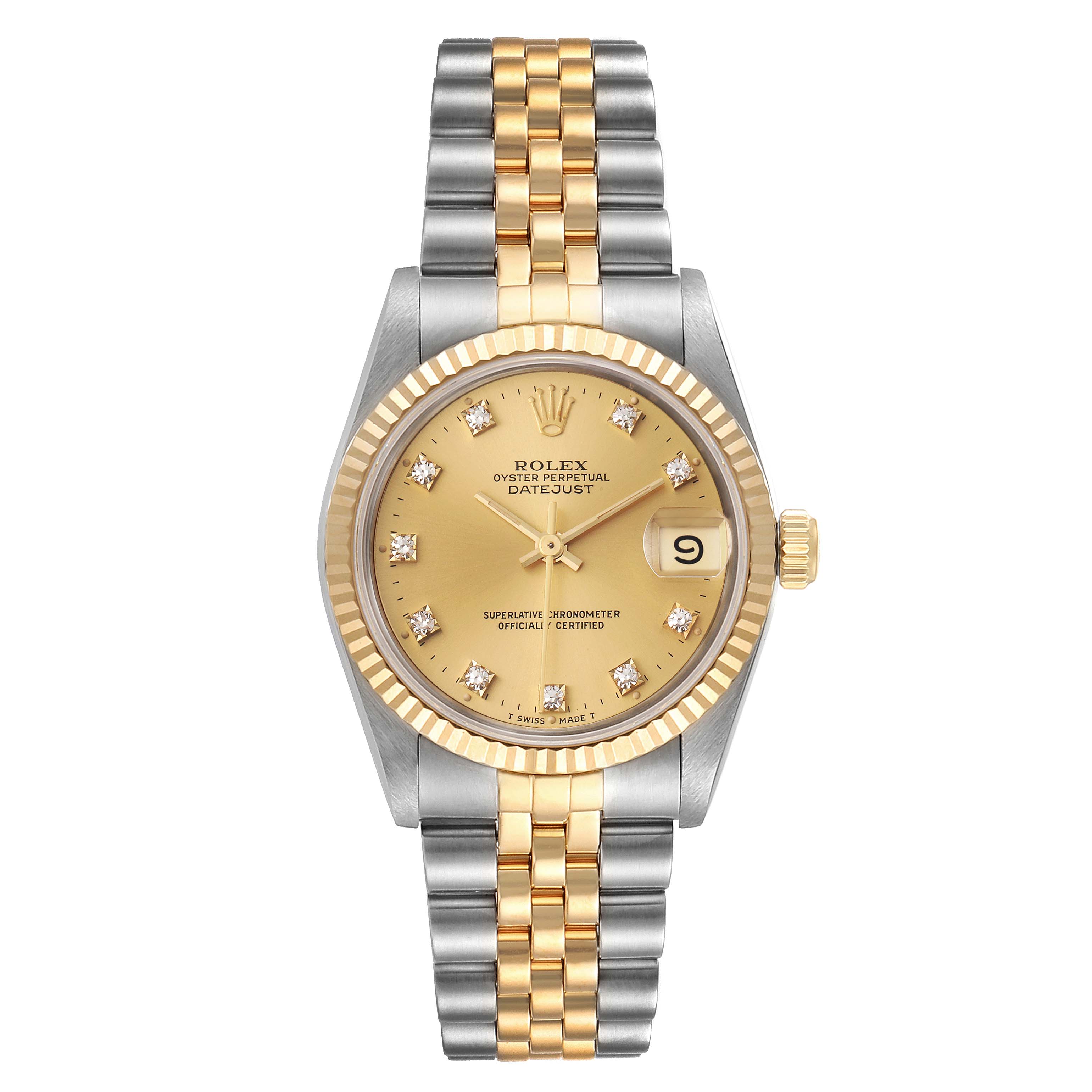 The Rolex Mid-Size 68273 Women's Steel and Gold (two tone) Champagne Dial 68273 Women's Steel and Gold (two tone) Champagne Dial Datejust watch is shown from a front angle, displaying its dial, case, and two-tone bracelet.