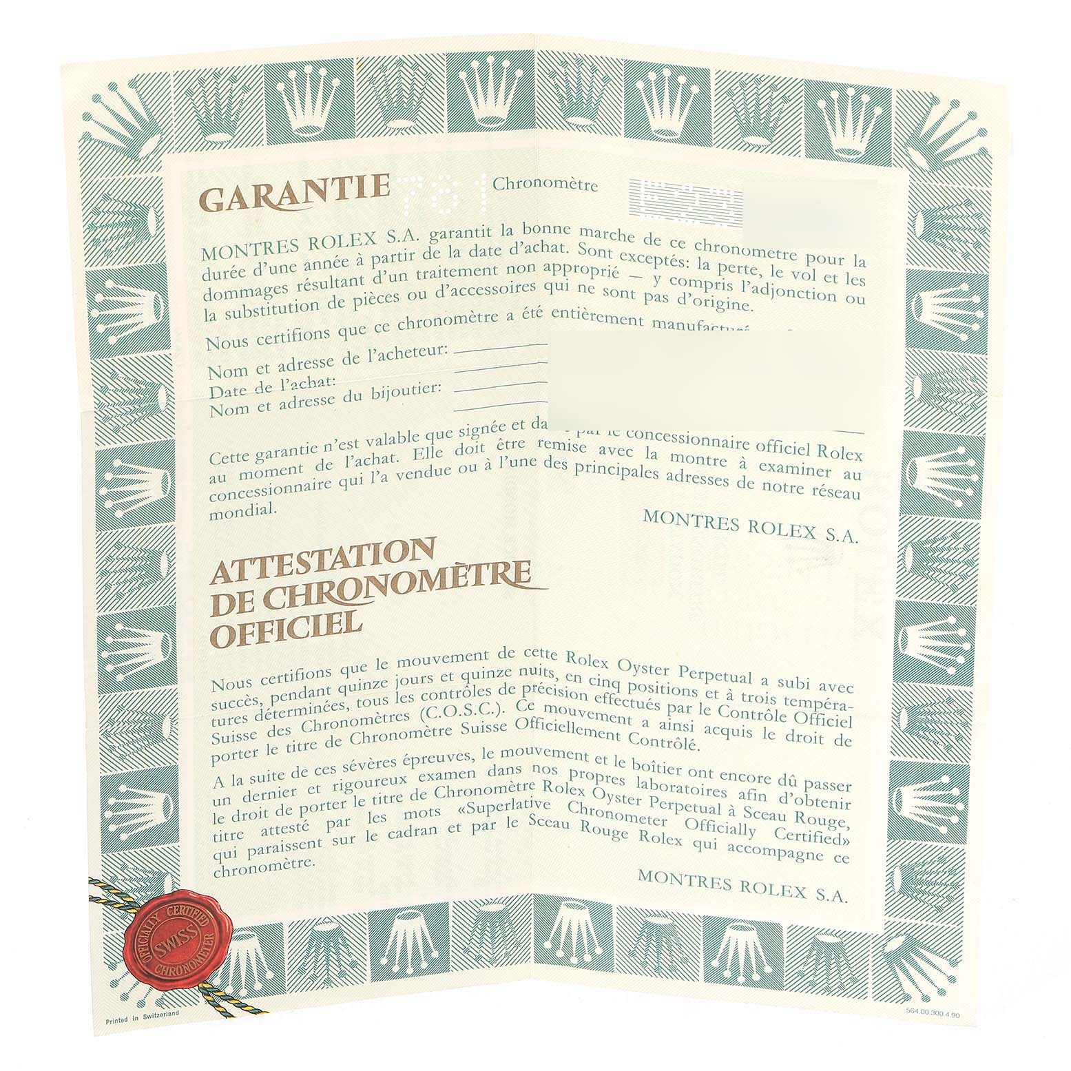 The image shows the official warranty and chronometer certification papers for a Rolex Mid-Size 68273 Women's Steel and Gold (two tone) Champagne Dial 68273 Women's Steel and Gold (two tone) Champagne Dial model watch.