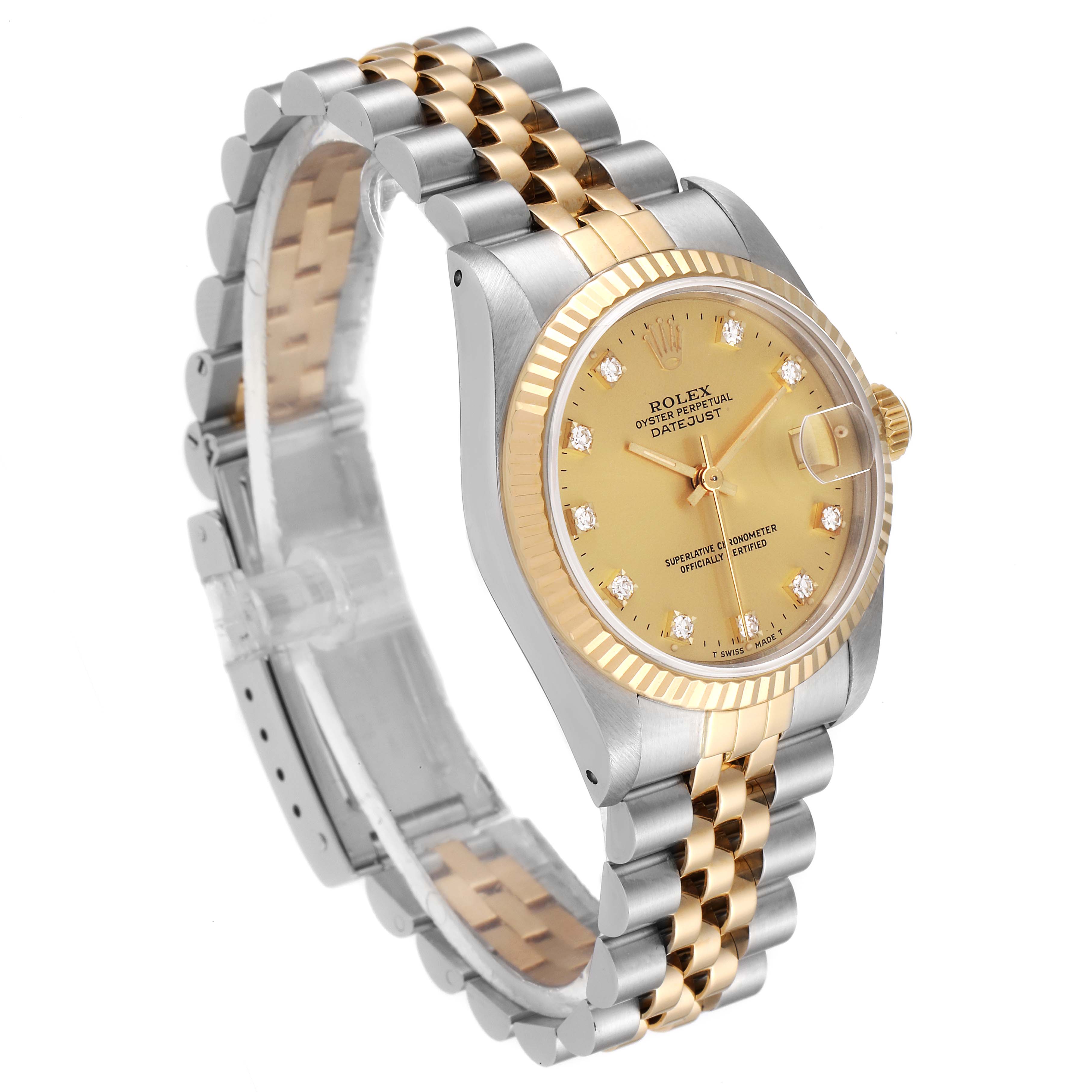 The image shows a Rolex Datejust Mid-Size watch at a three-quarter angle, highlighting its face, bezel, and two-tone Jubilee bracelet.