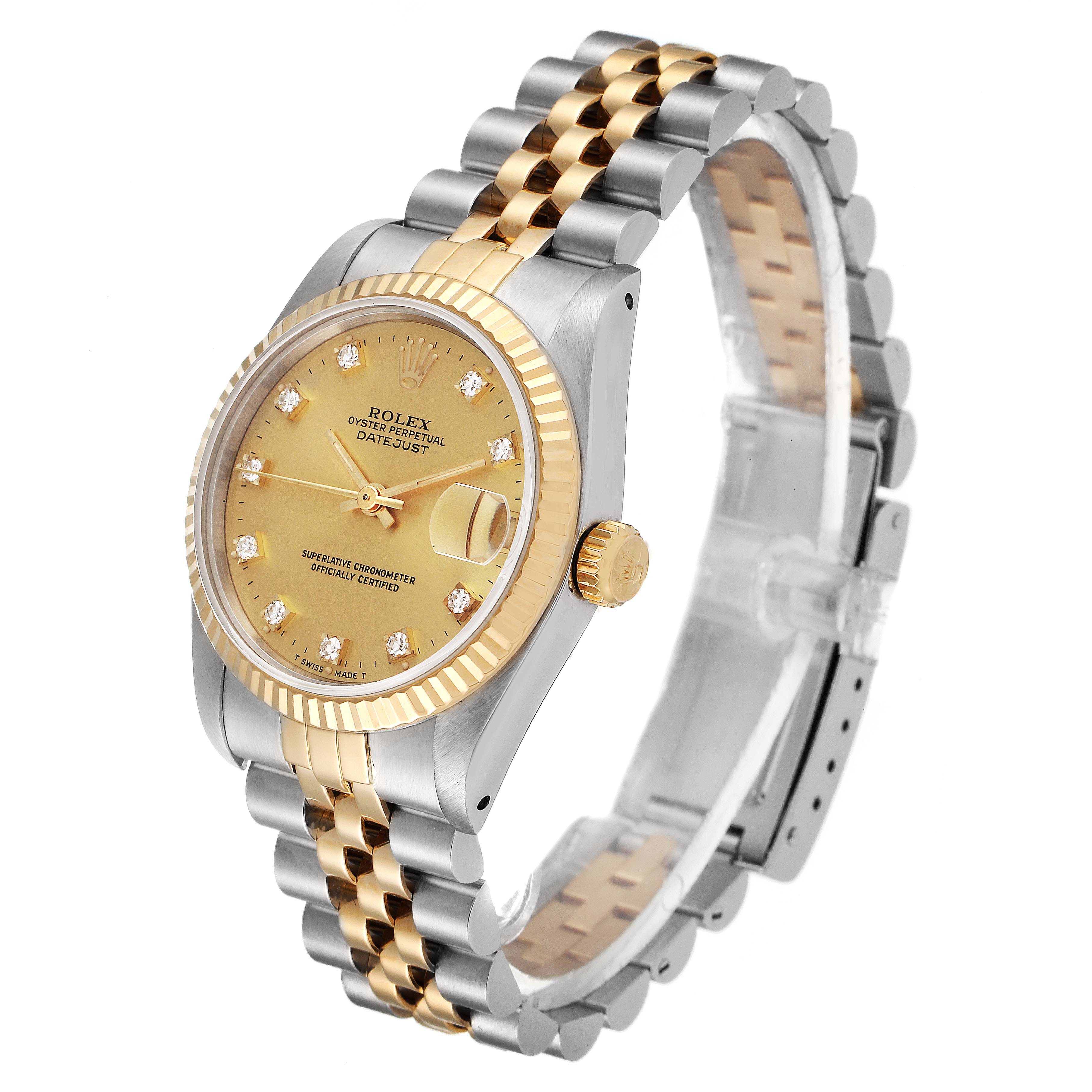 The image shows a side angle of a Rolex Mid-Size 68273 Women's Steel and Gold (two tone) Champagne Dial 68273 Women's Steel and Gold (two tone) Champagne Dial Datejust watch, highlighting the bracelet, dial, bezel, and crown.