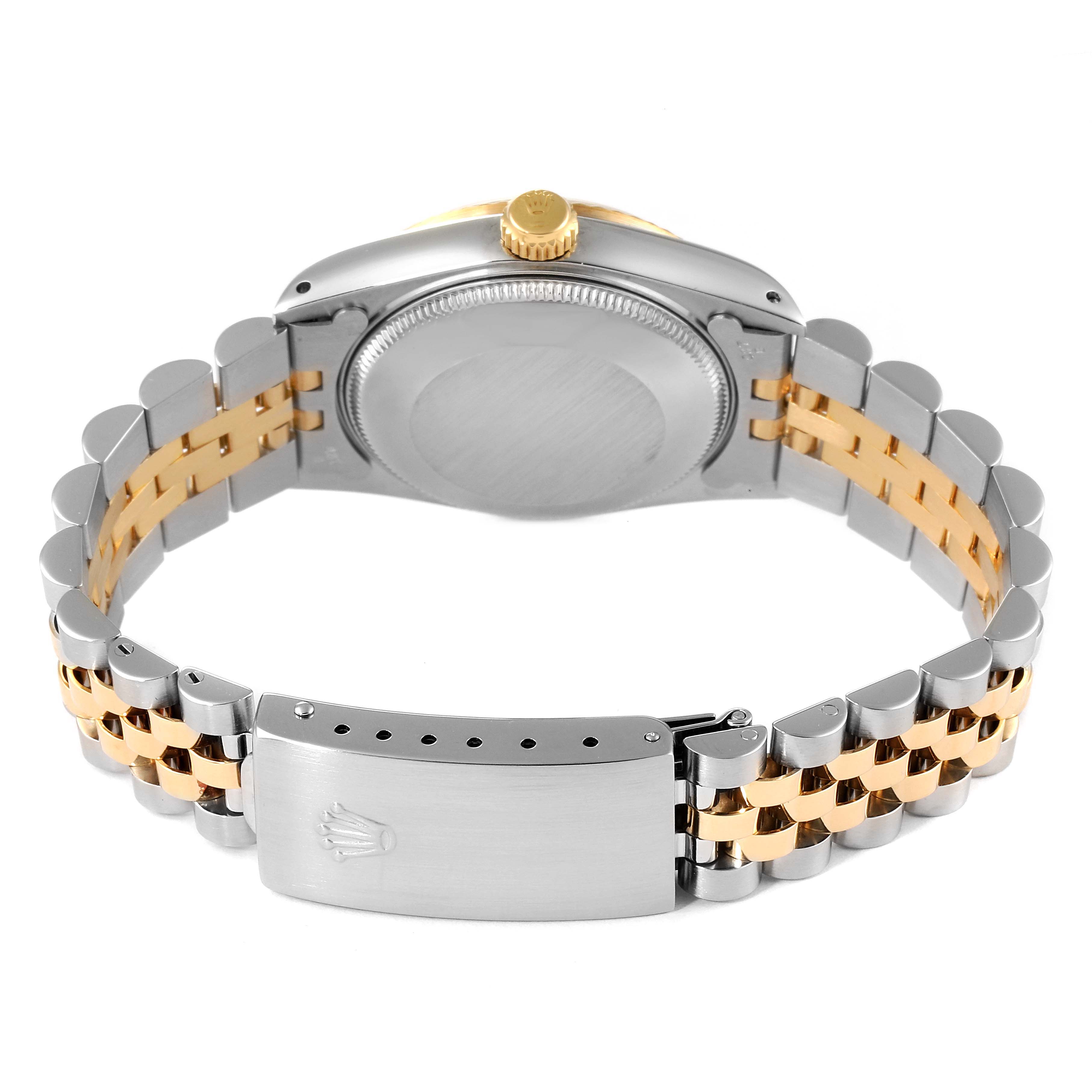 The image shows a rear view of a Rolex Mid-Size 68273 Women's Steel and Gold (two tone) Champagne Dial 68273 Women's Steel and Gold (two tone) Champagne Dial watch, highlighting the bracelet and clasp.