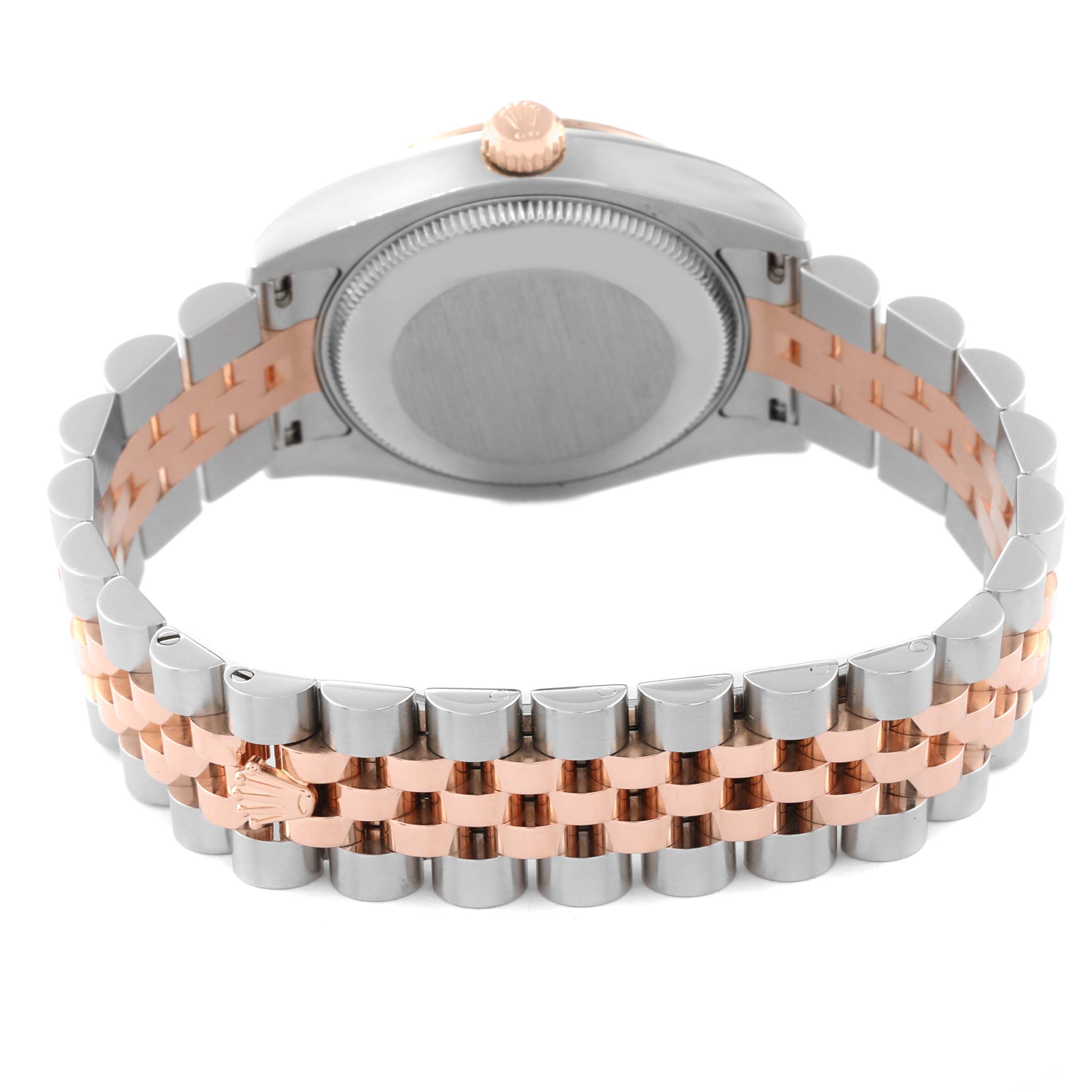 The image shows the back view of a Mid-Size Rolex watch, highlighting the case back and two-tone bracelet.