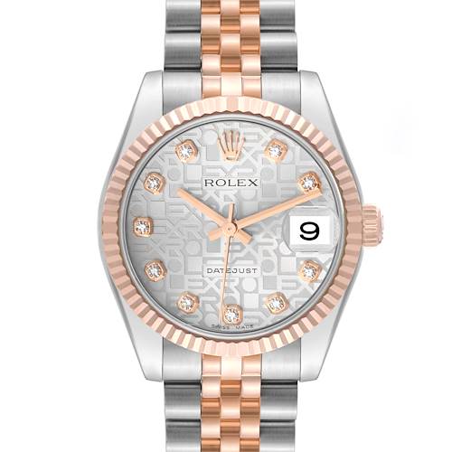 The image shows a front view of a Rolex Mid-Size Datejust watch featuring a silver dial, diamond hour markers, and a bimetallic bracelet.