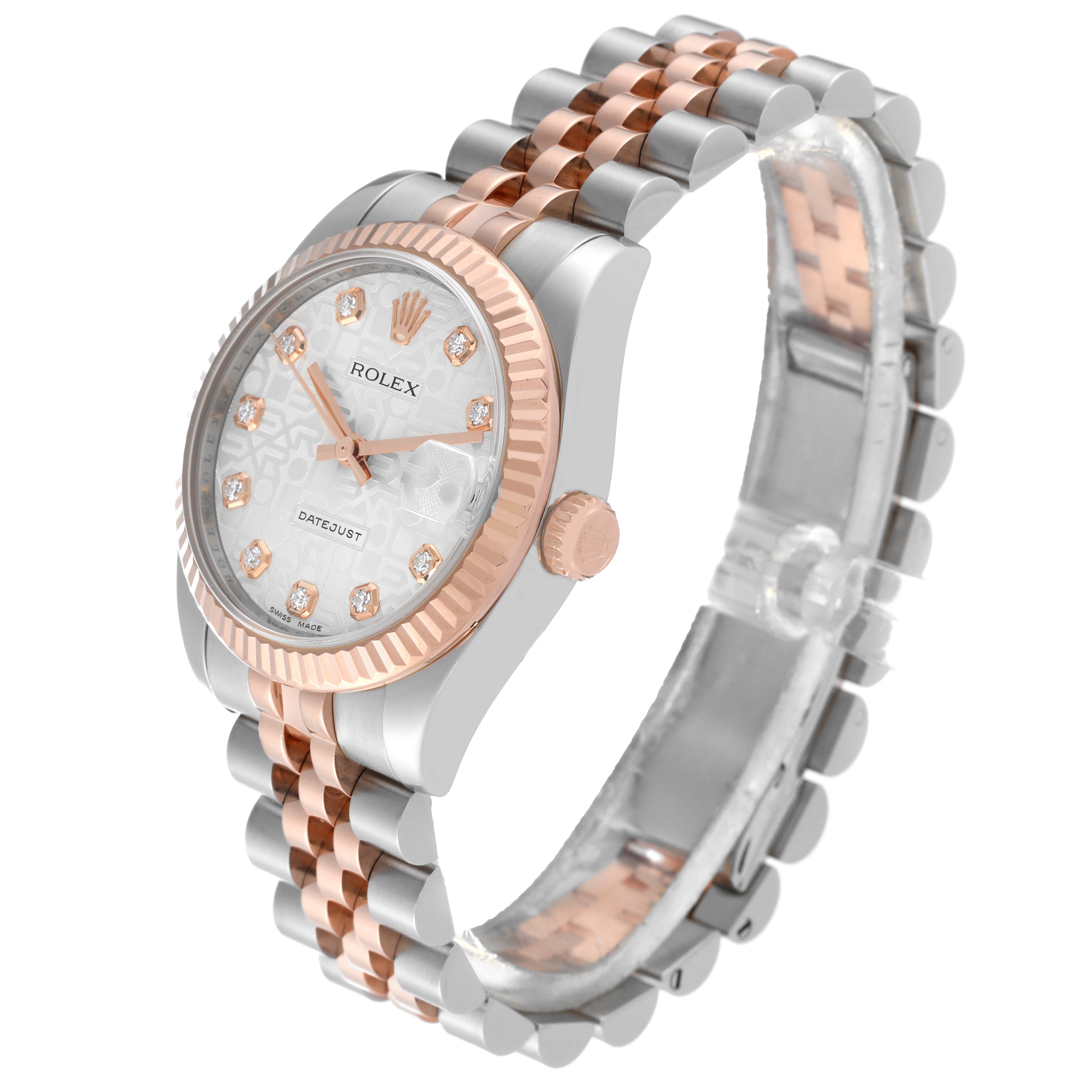 This image shows a mid-size Rolex Datejust watch with a two-tone bracelet, silver dial, and rose gold accents, seen from an angled side view.