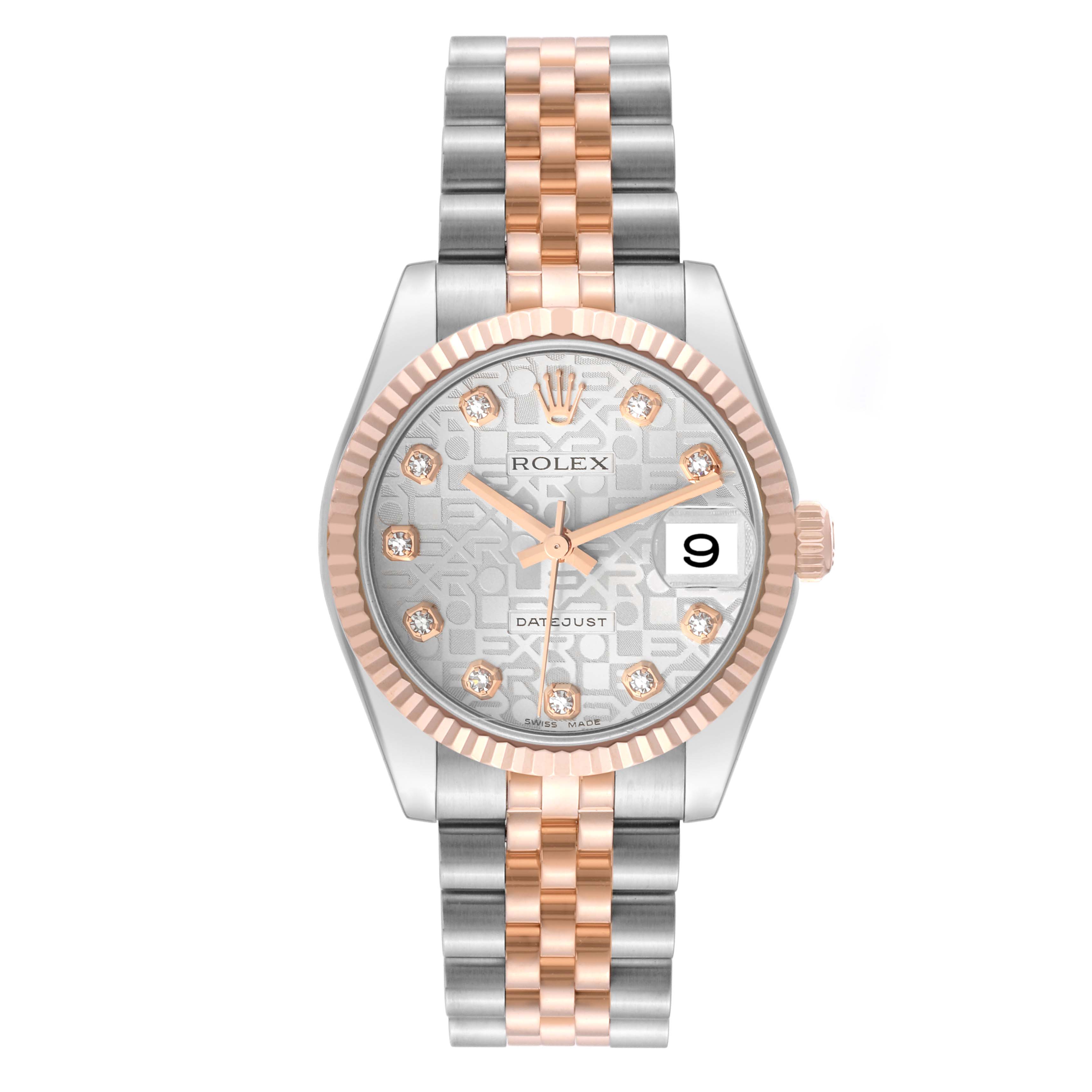 The image shows a front view of a Rolex Mid-Size 178271 Women's Steel and Gold (two tone) Silver Dial 178271 Women's Steel and Gold (two tone) Silver Dial Datejust watch, highlighting the dial, bezel, and bracelet.