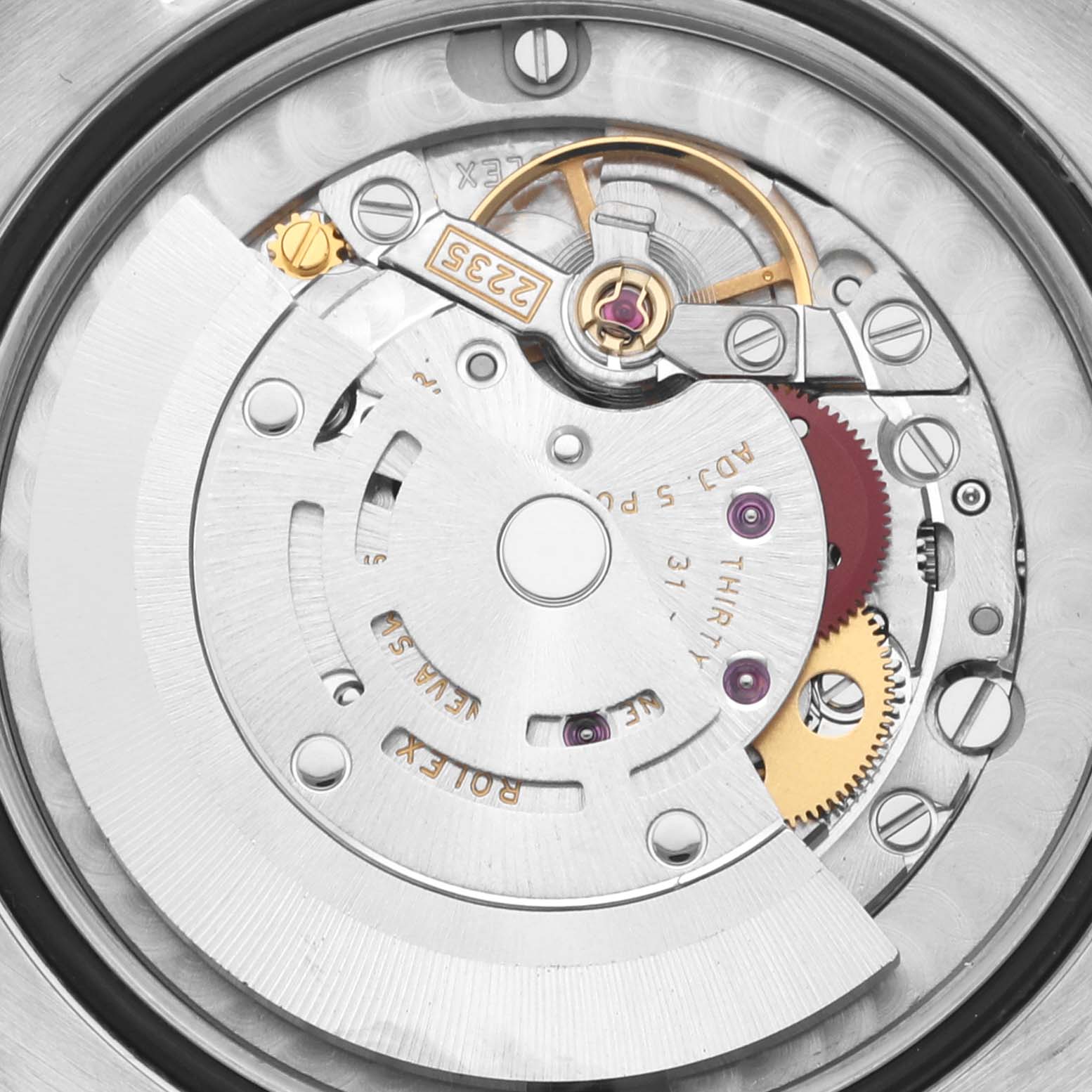 This image shows the internal mechanism and components of the Rolex Mid-Size 178271 Women's Steel and Gold (two tone) Silver Dial 178271 Women's Steel and Gold (two tone) Silver Dial watch, viewed from the back.