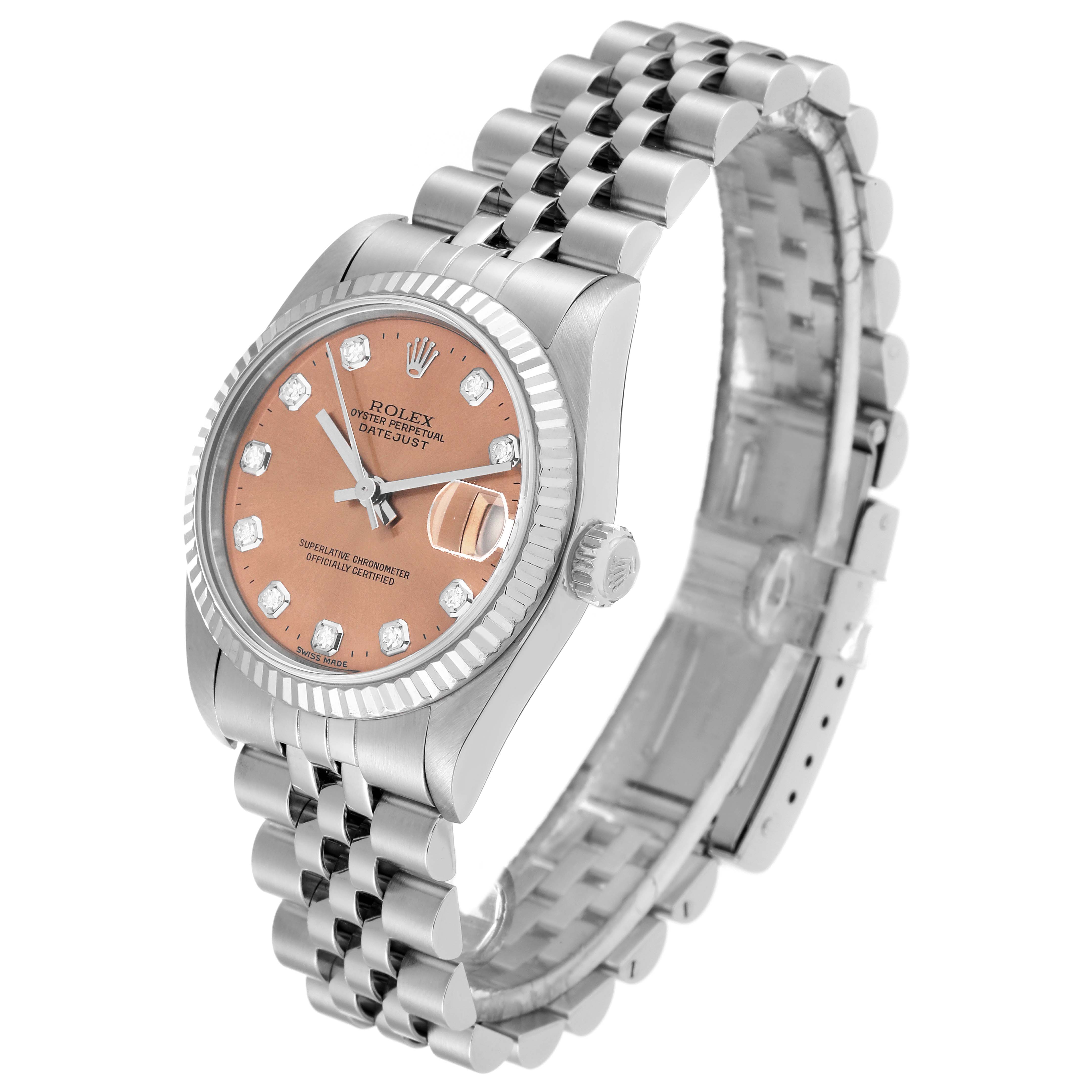 The image shows a Rolex Mid-Size 68274 Women's Stainless Steel Pink Dial 68274 Women's Stainless Steel Pink Dial Oyster Perpetual Datejust watch angled to display the dial, bezel, crown, and bracelet.