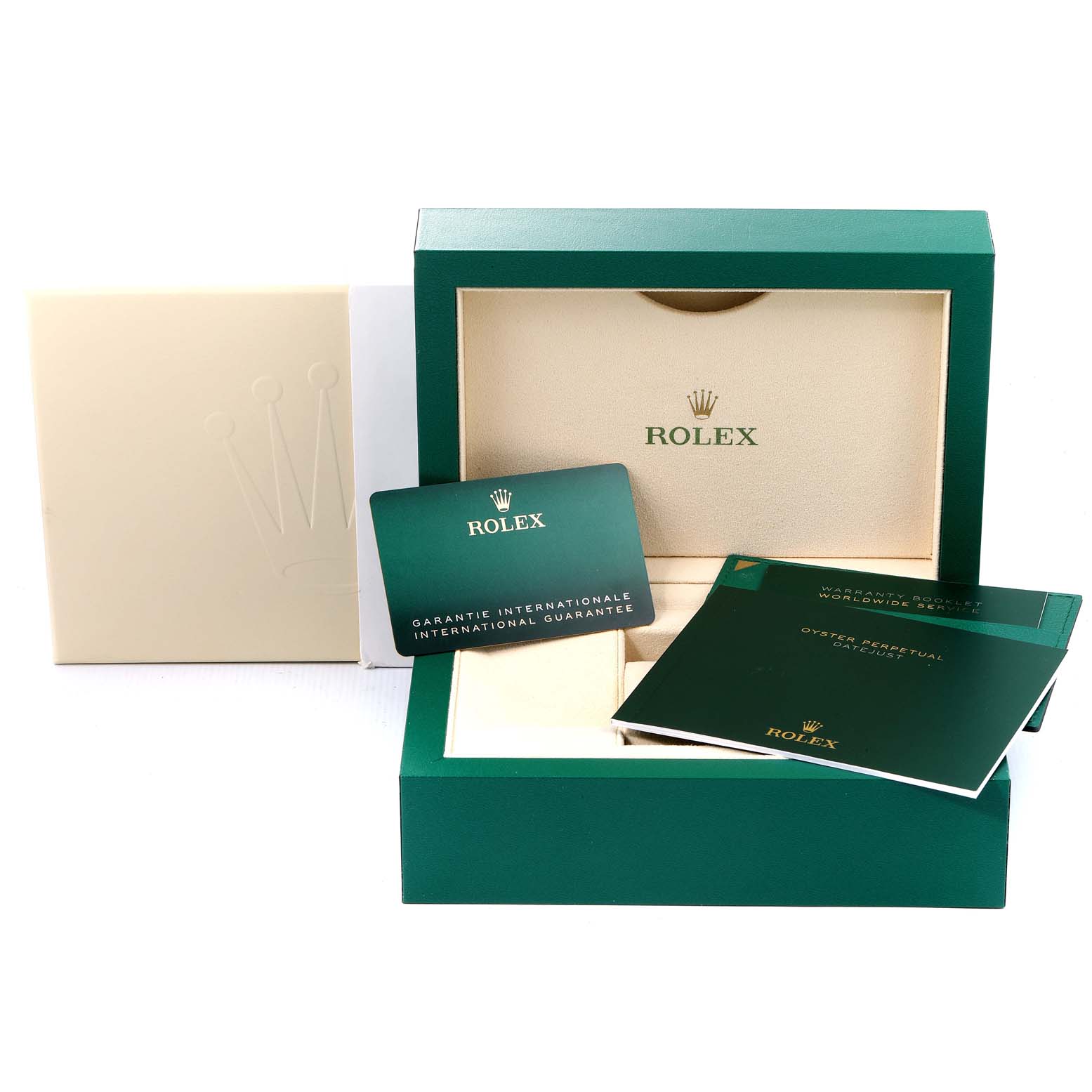 This image shows the packaging, warranty card, and manuals for a mid-size Rolex watch.