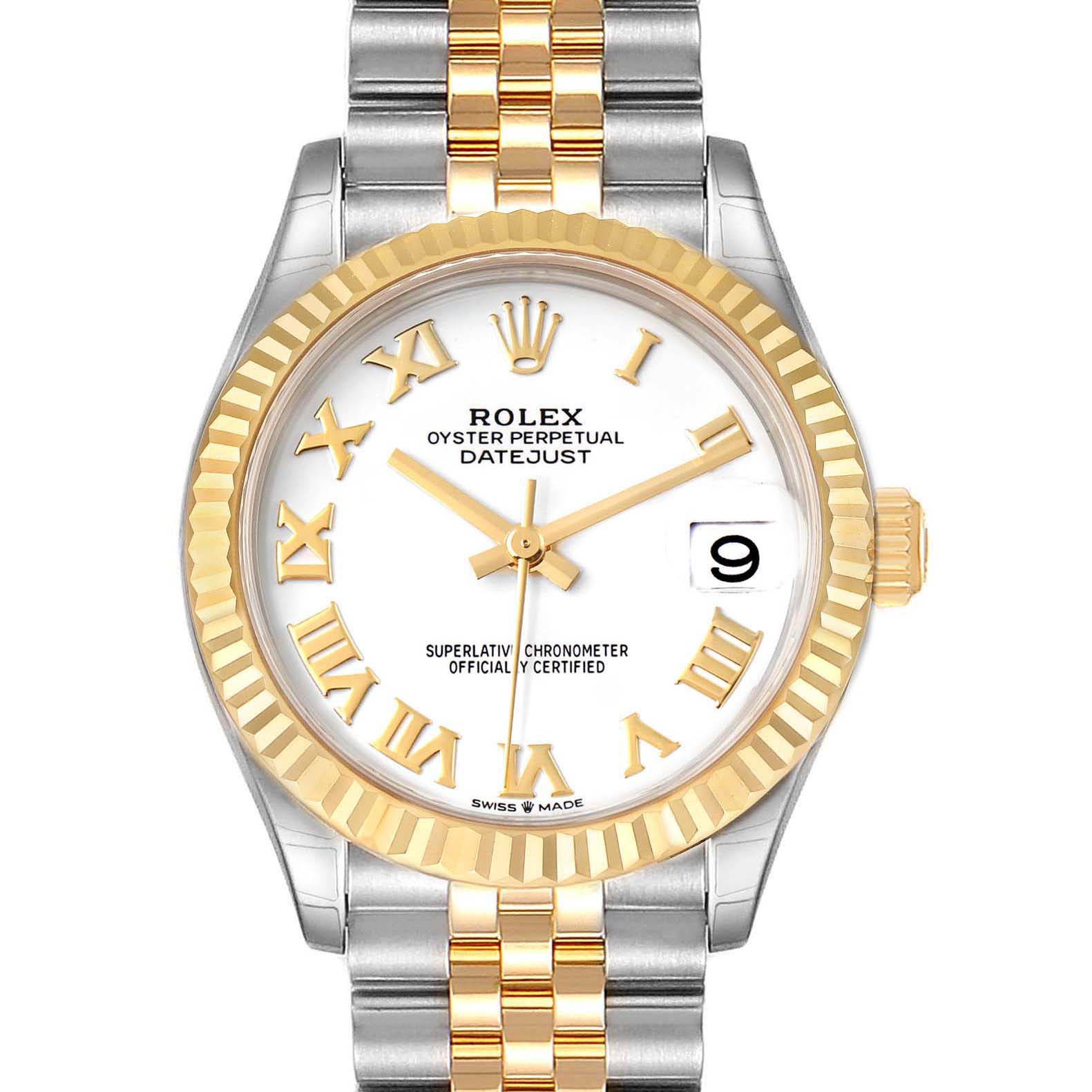 The image shows a front view of a Rolex Mid-Size 278273 Women
s Steel and Gold (two tone) White Dial 278273 Women
s Steel and Gold (two tone) White Dial Datejust watch featuring a two-tone bracelet and Roman numeral dial.