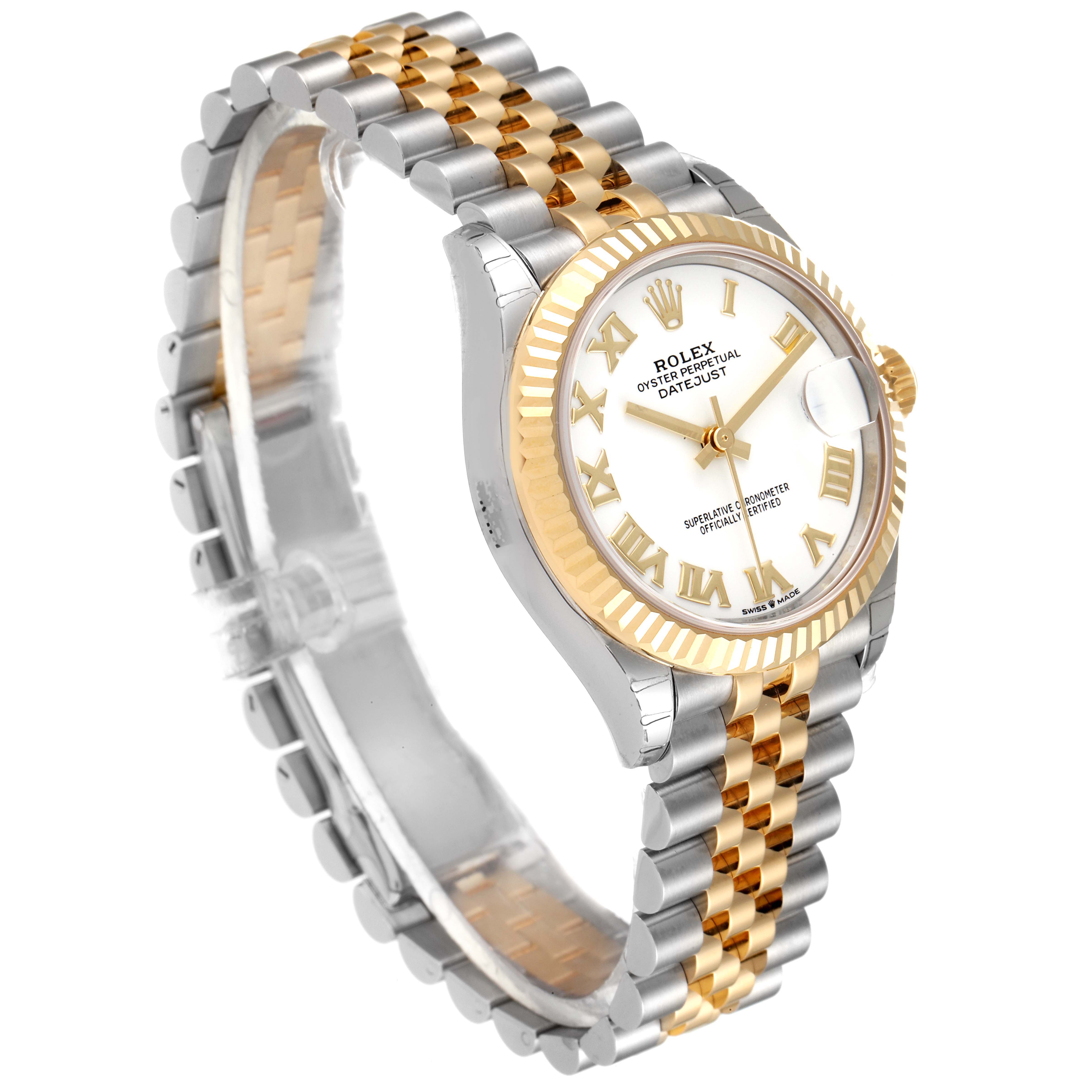 The image shows a side and front view of a Rolex Mid-Size 278273 Women
s Steel and Gold (two tone) White Dial 278273 Women
s Steel and Gold (two tone) White Dial Datejust watch, highlighting its two-tone band and fluted bezel.