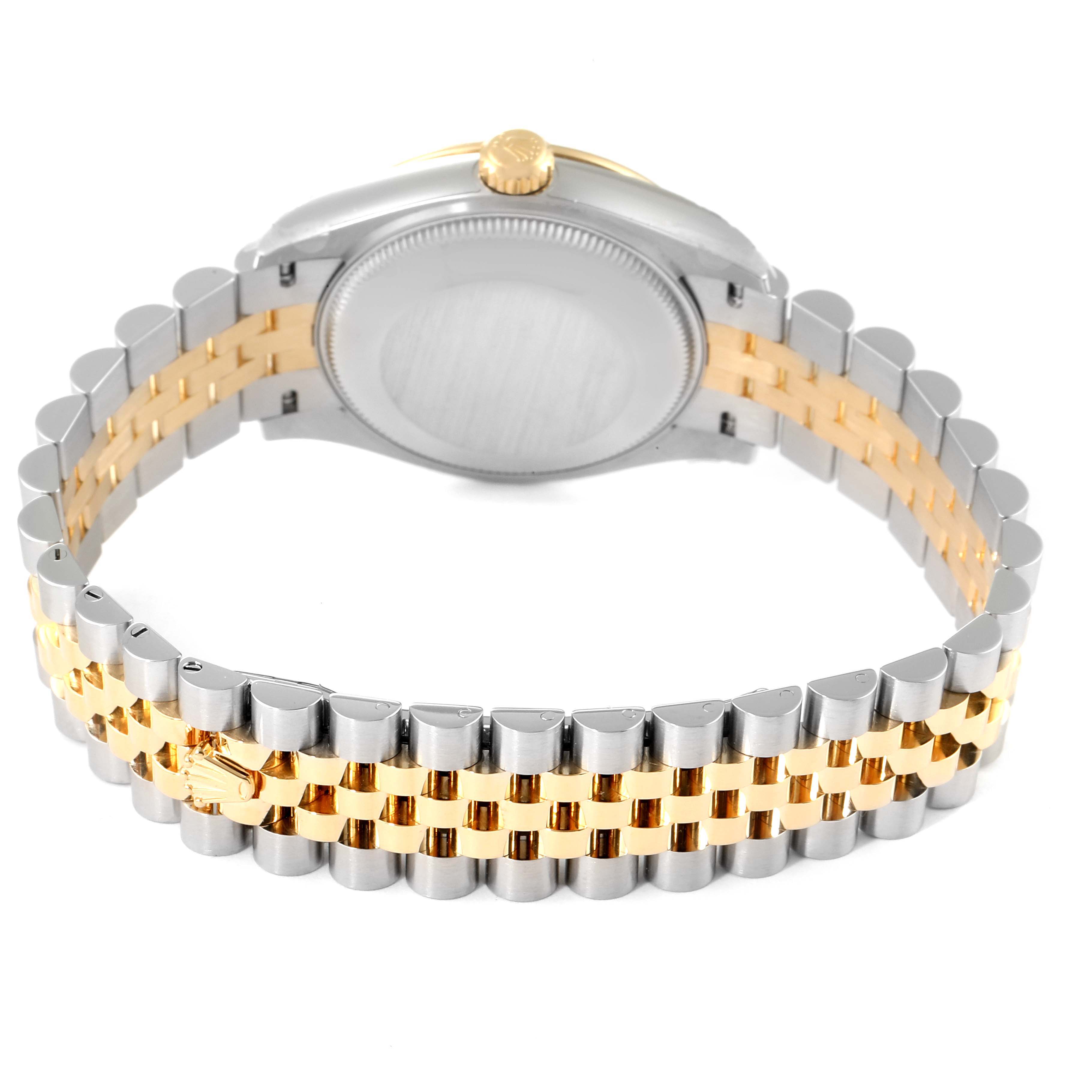 The image shows the back view of a Rolex Mid-Size 278273 Women
s Steel and Gold (two tone) White Dial 278273 Women
s Steel and Gold (two tone) White Dial watch, highlighting the case back and two-tone bracelet.