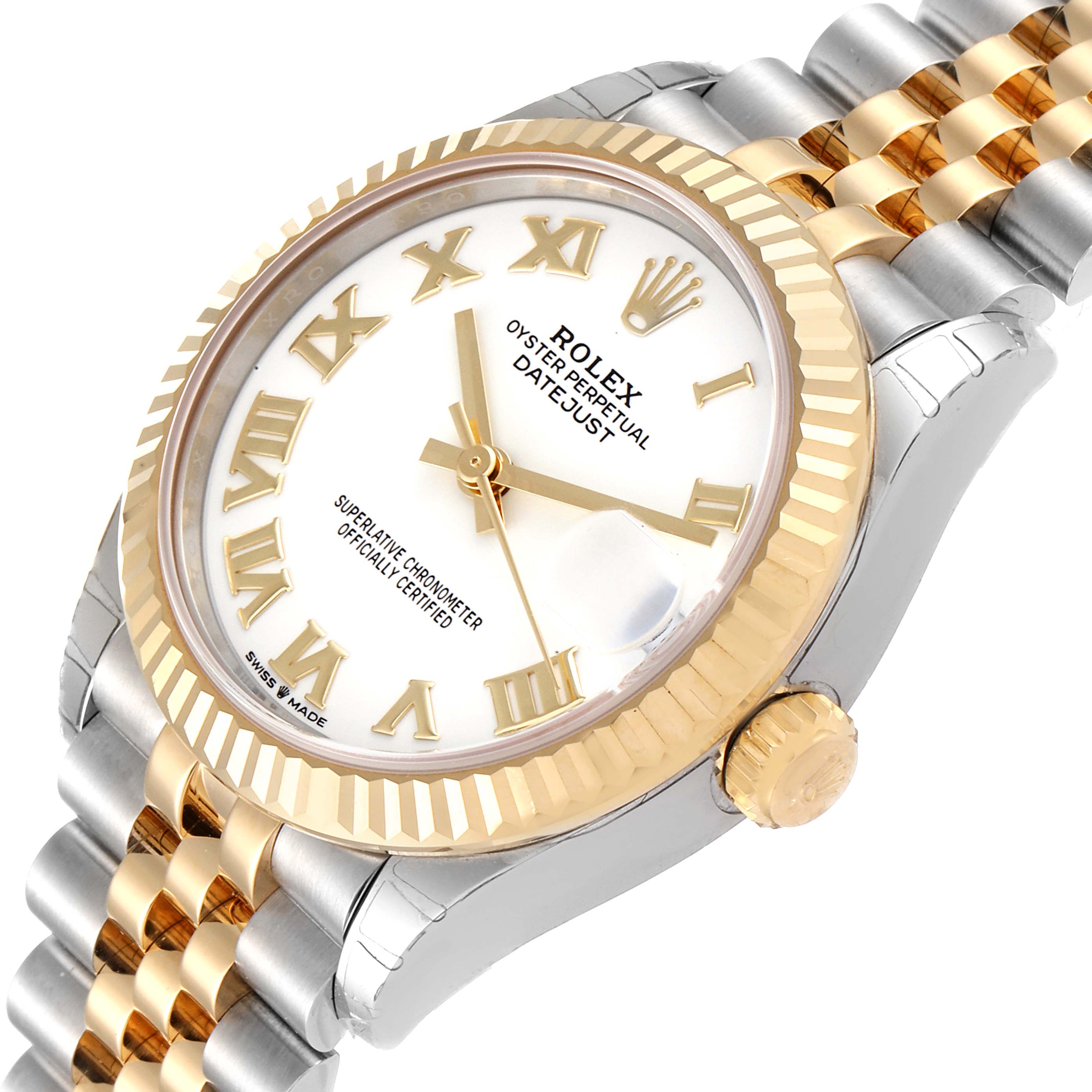 This image shows a Rolex Datejust Mid-Size watch from an angled view, highlighting its dial, bezel, and bracelet.