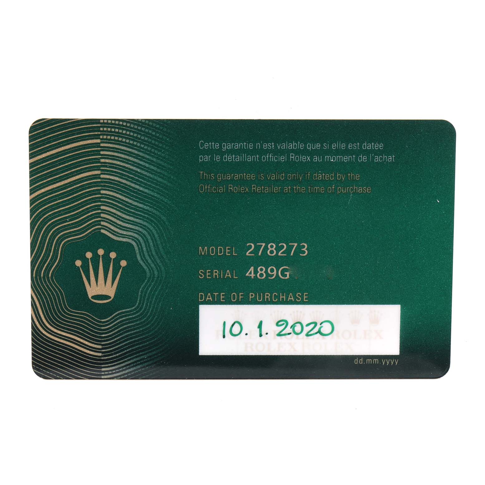 The image shows a green Rolex warranty card for the Mid-Size model 278273.
