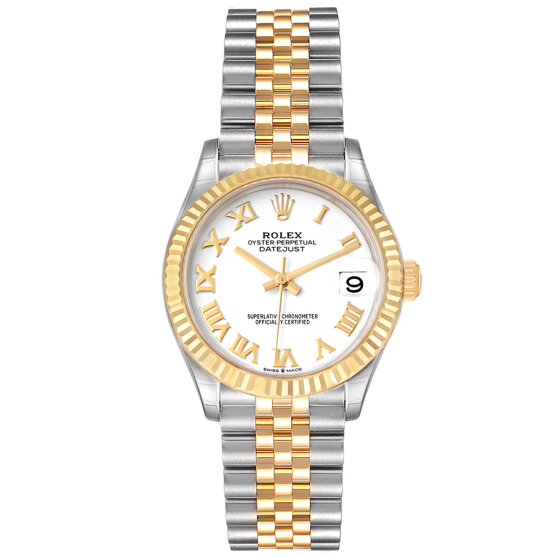The Rolex Mid-Size 278273 Women
s Steel and Gold (two tone) White Dial 278273 Women
s Steel and Gold (two tone) White Dial Oyster Perpetual Datejust watch is shown from the front, displaying its face, bracelet, and bezel.