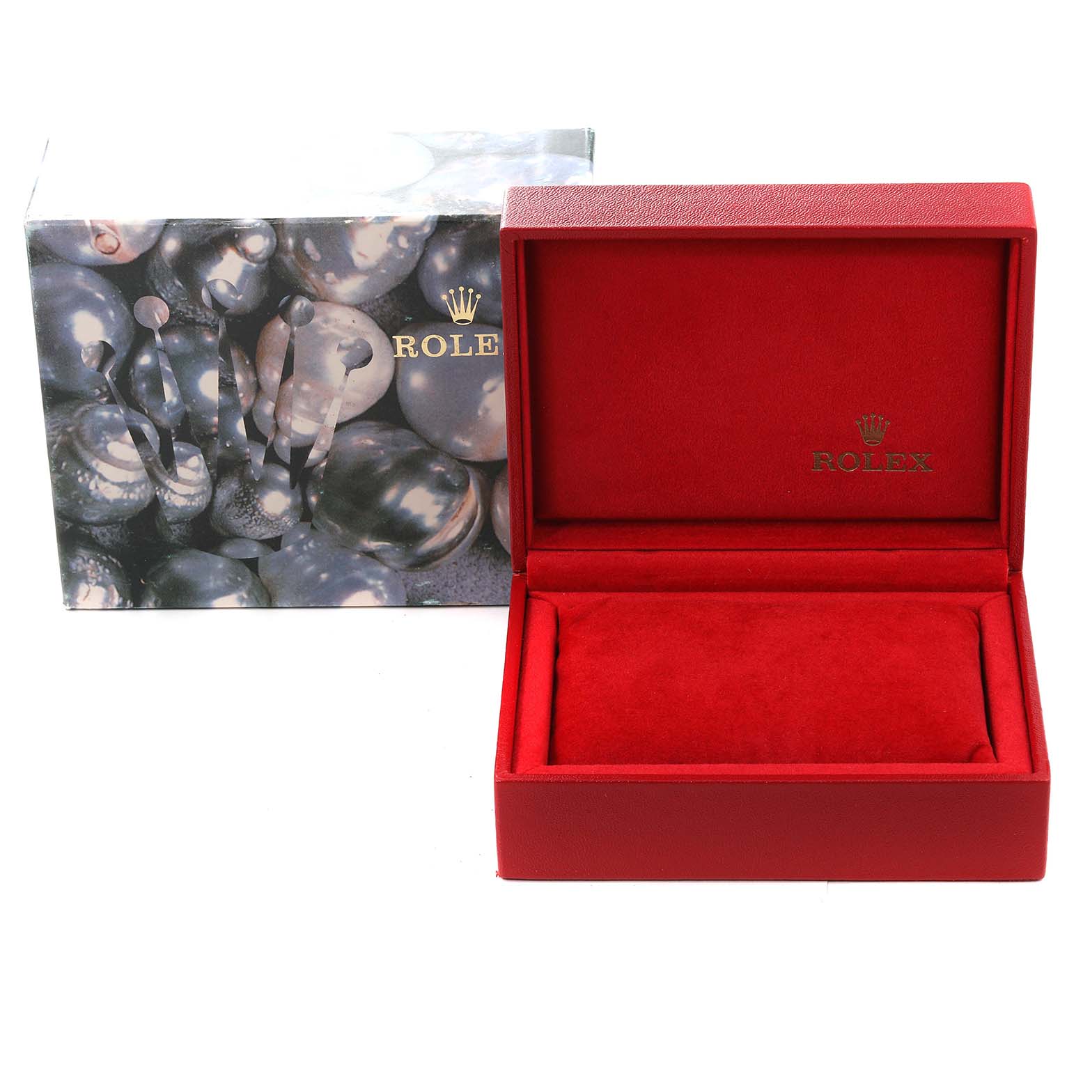 This image shows an empty Rolex President 69278 Women
s Yellow Gold Champagne Dial 69278 Women
s Yellow Gold Champagne Dial model watch box in red, with the outer packaging displayed behind it.