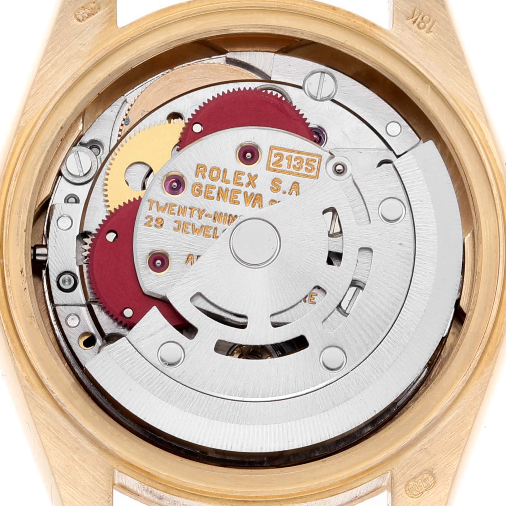 This image shows the inner mechanism and movement parts of a Rolex President 69278 Women
s Yellow Gold Champagne Dial 69278 Women
s Yellow Gold Champagne Dial model watch from a rear angle.