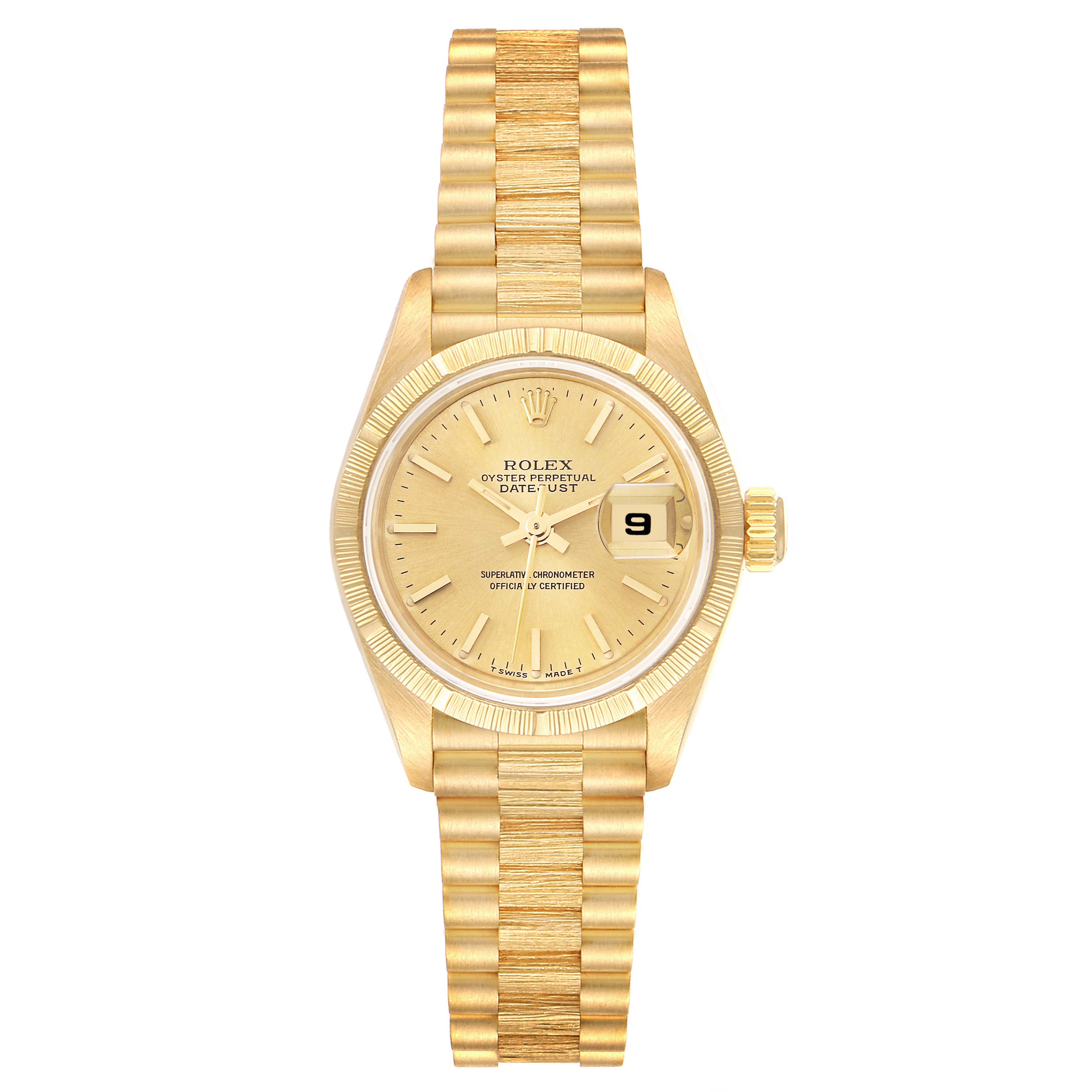 The image shows a front view of a Rolex President 69278 Women
s Yellow Gold Champagne Dial 69278 Women
s Yellow Gold Champagne Dial Oyster Perpetual Datejust watch, displaying its gold bracelet, dial, and date window.