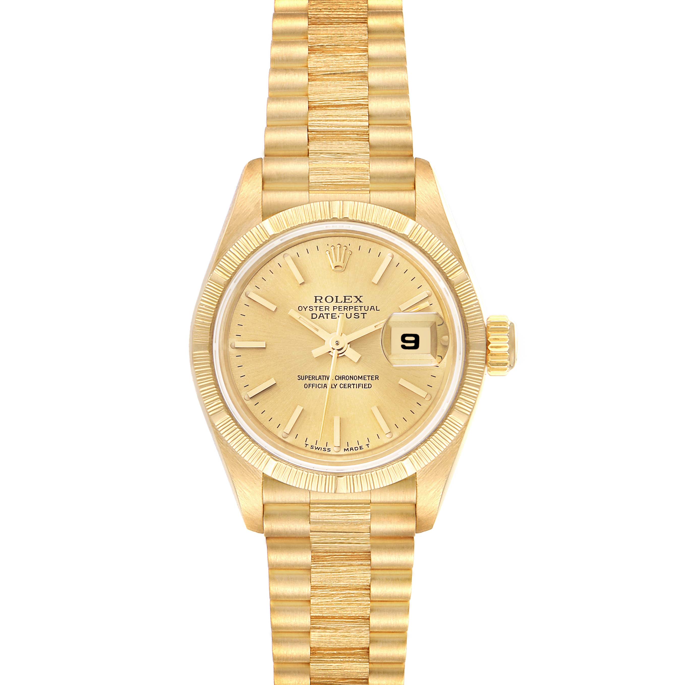 The image shows a front view of the Rolex President 69278 Women
s Yellow Gold Champagne Dial 69278 Women
s Yellow Gold Champagne Dial model watch, highlighting its gold band, dial, and date window.