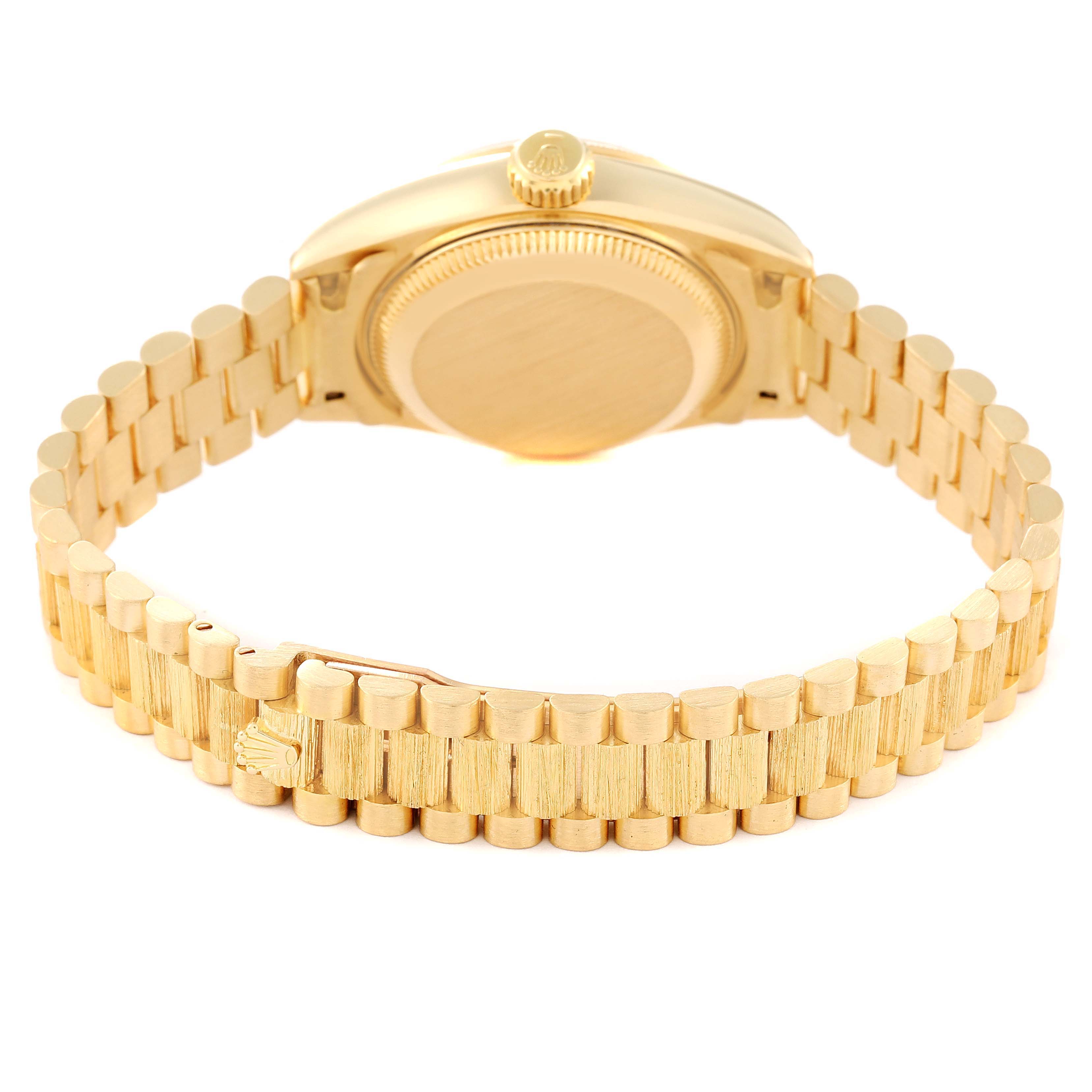 The image shows the back and bracelet of a Rolex President 69278 Women
s Yellow Gold Champagne Dial 69278 Women
s Yellow Gold Champagne Dial model watch from a rear, tilted angle.