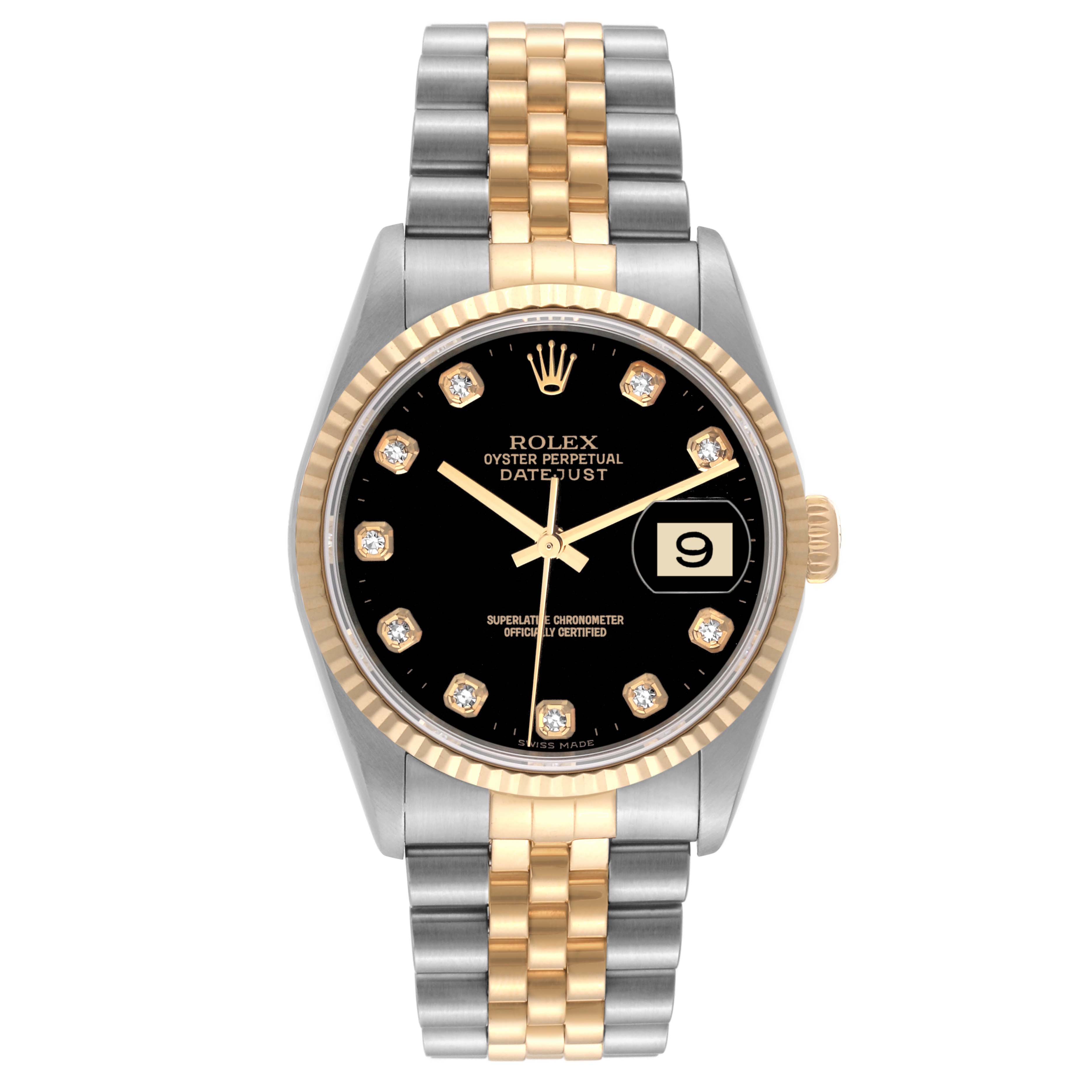 The image shows a front view of a Rolex Datejust 16233 Men's Steel and Gold (two tone) Black Dial 16233 Men's Steel and Gold (two tone) Black Dial watch, featuring a black dial, diamond markers, and a two-tone bracelet.