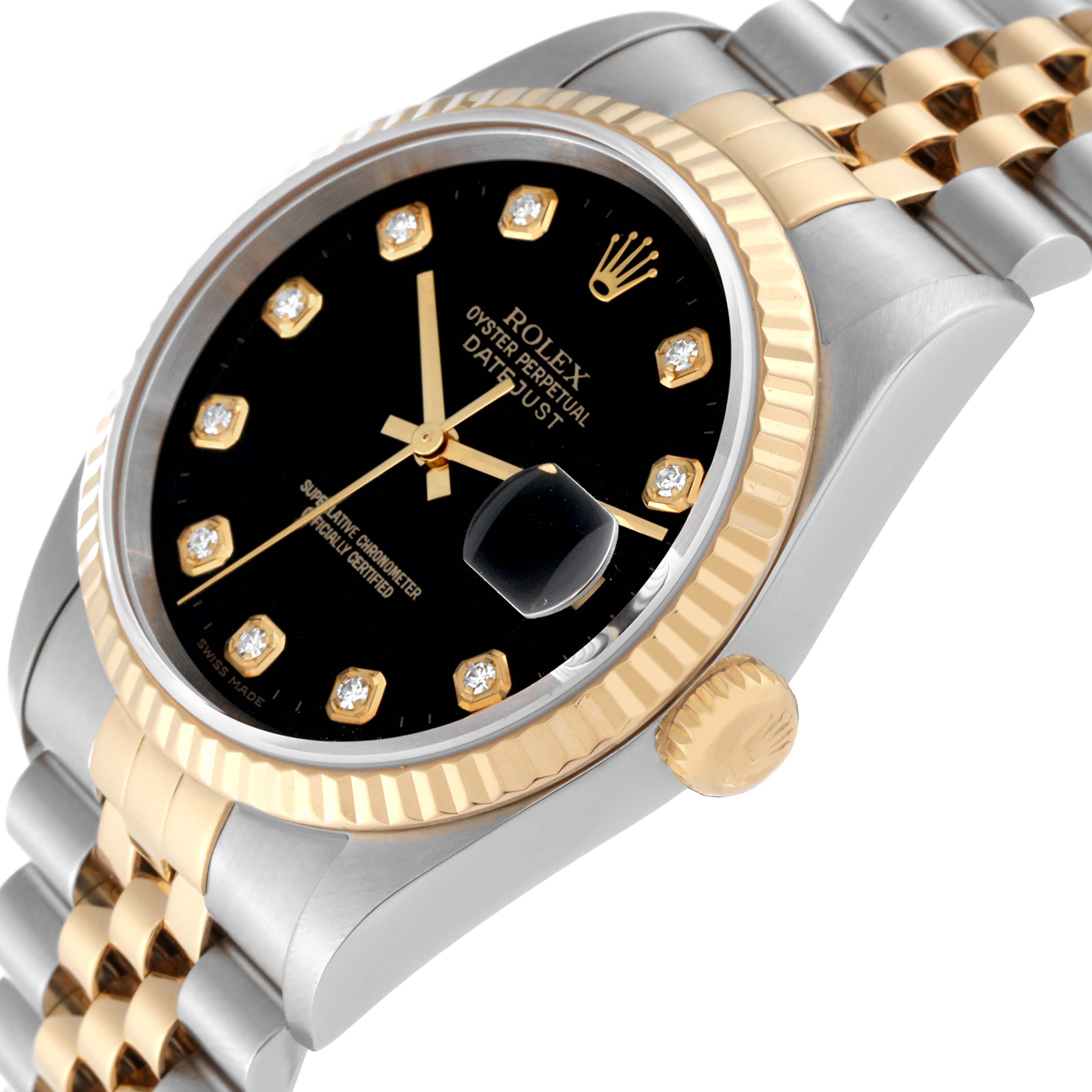 The image shows a Rolex Datejust 16233 Men's Steel and Gold (two tone) Black Dial 16233 Men's Steel and Gold (two tone) Black Dial watch at a slight side angle, highlighting the black dial, gold accents, and part of the bracelet.