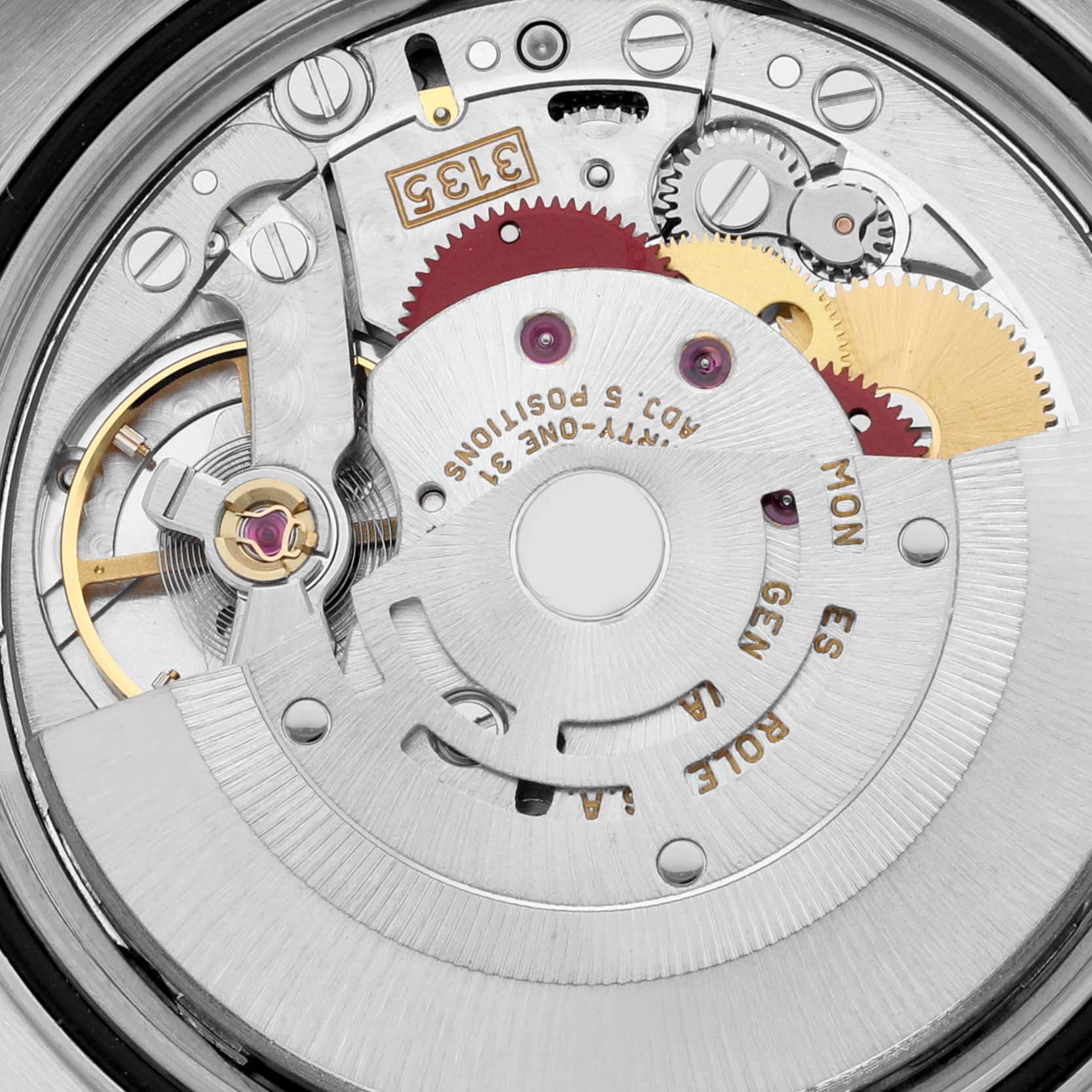 This image shows a close-up view of the Rolex Datejust 16233 Men's Steel and Gold (two tone) Black Dial 16233 Men's Steel and Gold (two tone) Black Dial movement, highlighting its intricate gears and rotor.