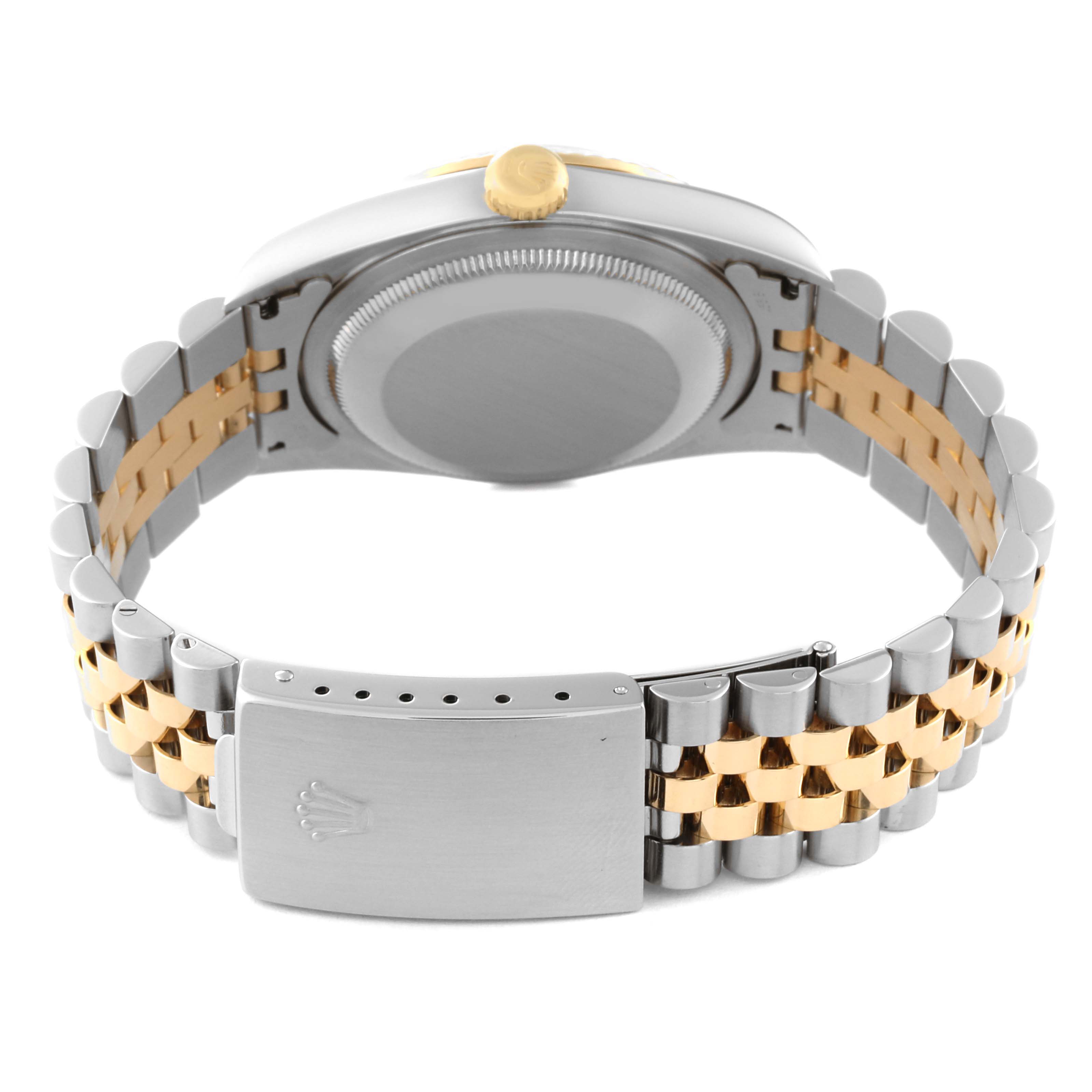 The Rolex Datejust 16233 Men's Steel and Gold (two tone) Black Dial 16233 Men's Steel and Gold (two tone) Black Dial watch is shown from the back, highlighting the case back, crown, and two-tone bracelet with a clasp.