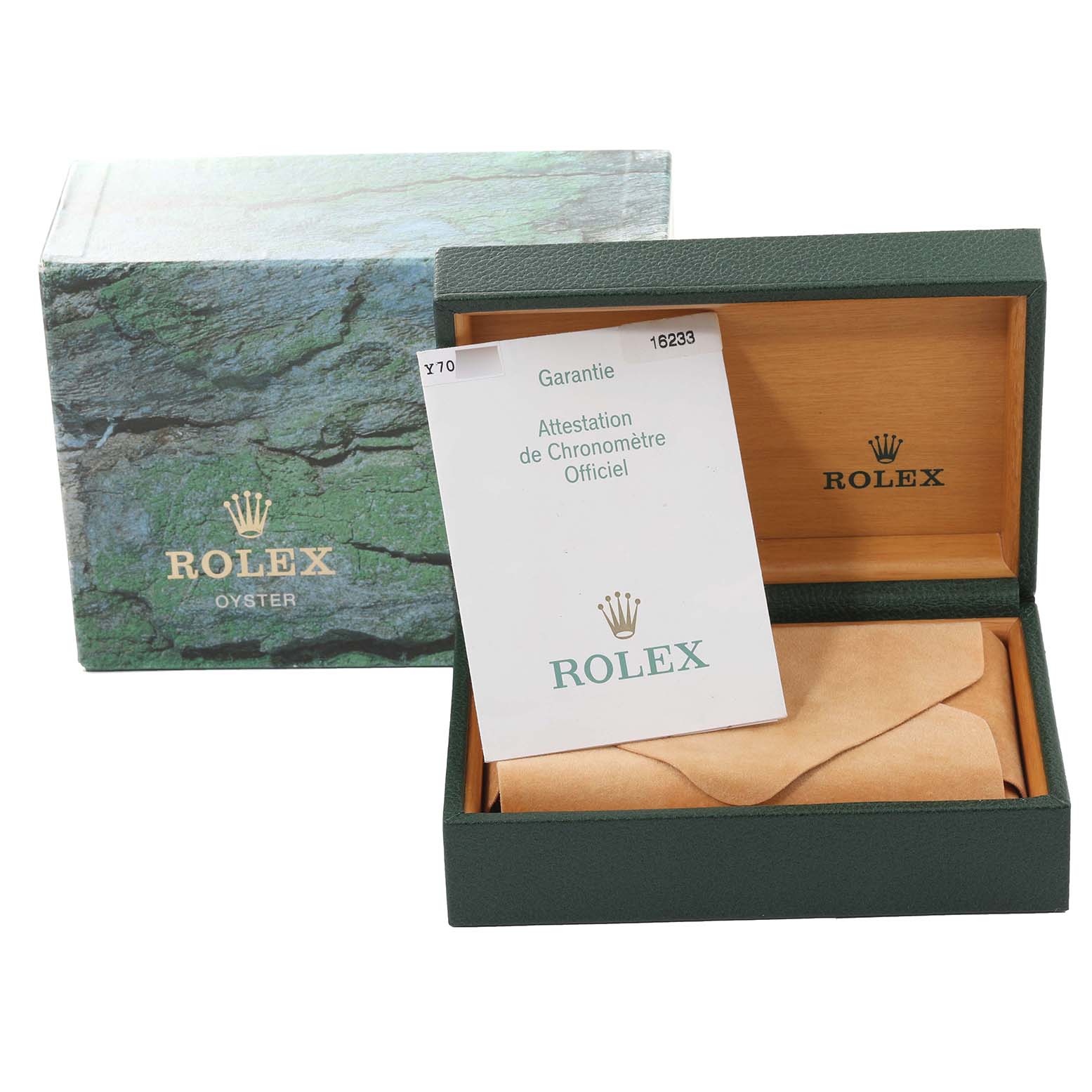 The image shows the Rolex Datejust 16233 Men's Steel and Gold (two tone) Black Dial 16233 Men's Steel and Gold (two tone) Black Dial box, including the outer box, inner box, and warranty card.