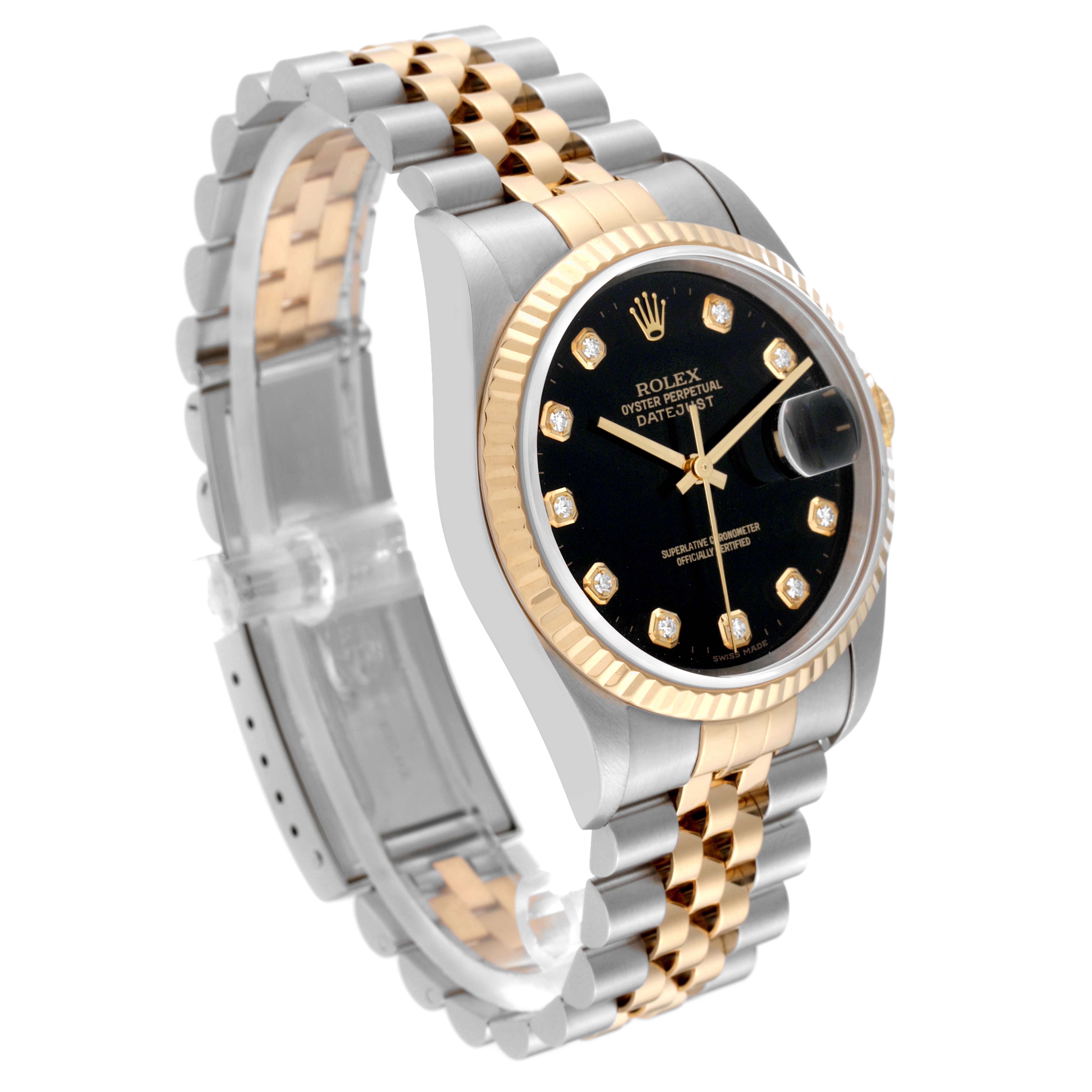 The image shows a Rolex Datejust 16233 Men's Steel and Gold (two tone) Black Dial 16233 Men's Steel and Gold (two tone) Black Dial watch at a three-quarter angle displaying its two-tone bracelet, black dial, and fluted bezel.