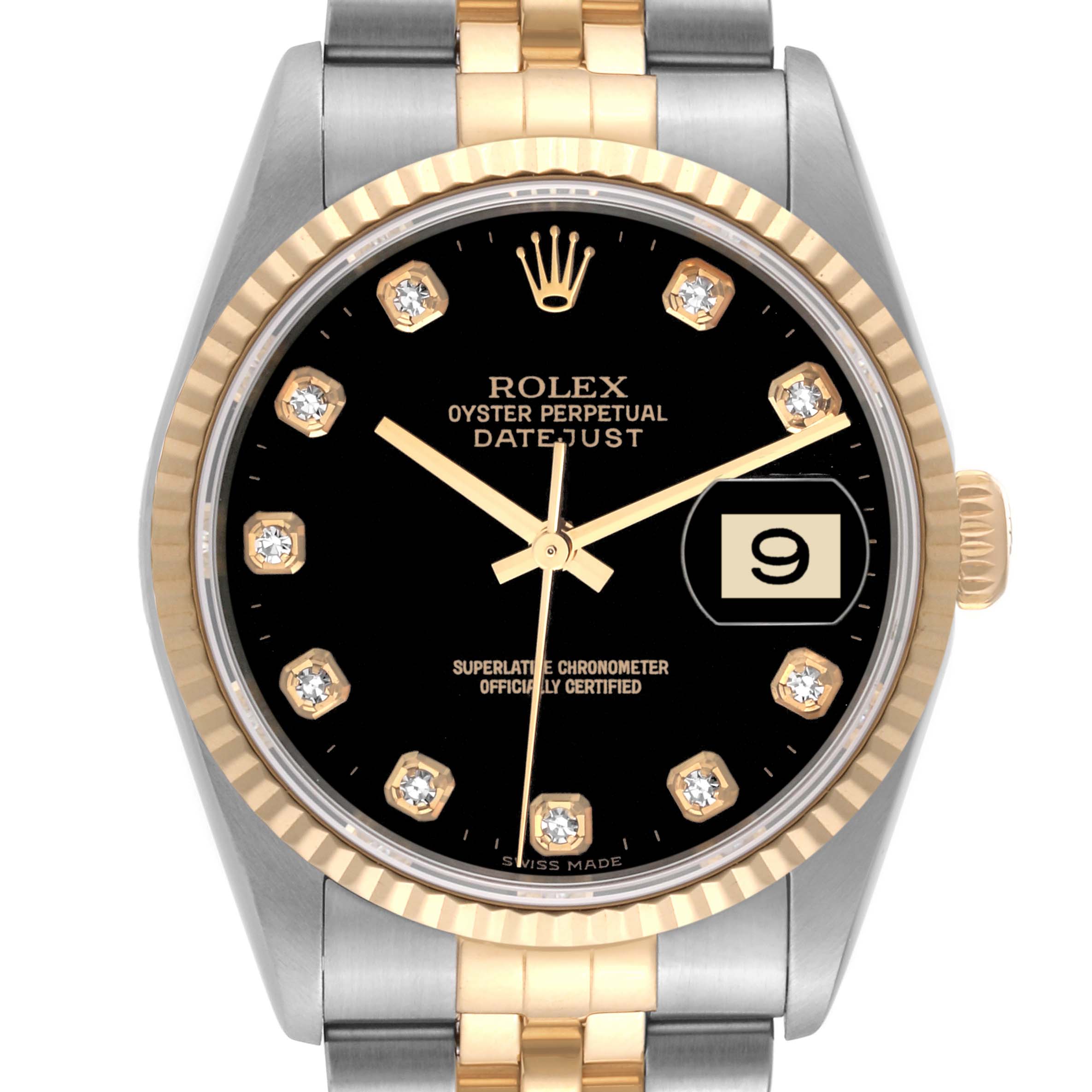 This Rolex Datejust 16233 Men's Steel and Gold (two tone) Black Dial 16233 Men's Steel and Gold (two tone) Black Dial watch is shown from the front, highlighting its dial, bezel, date window, and part of the bracelet.