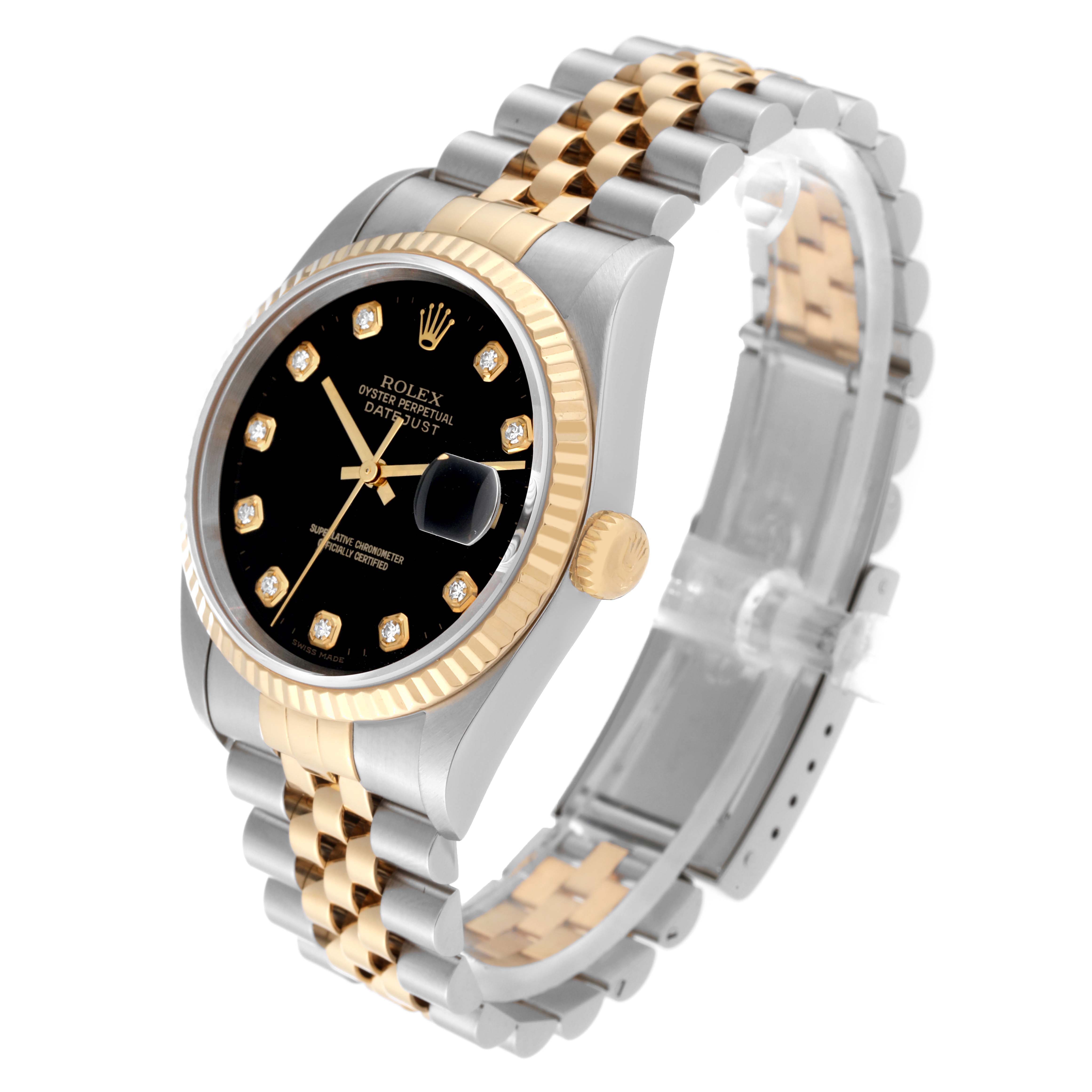 The image shows a Rolex Datejust 16233 Men's Steel and Gold (two tone) Black Dial 16233 Men's Steel and Gold (two tone) Black Dial watch at a 3/4 angle, highlighting its black dial, gold accents, and two-tone bracelet.