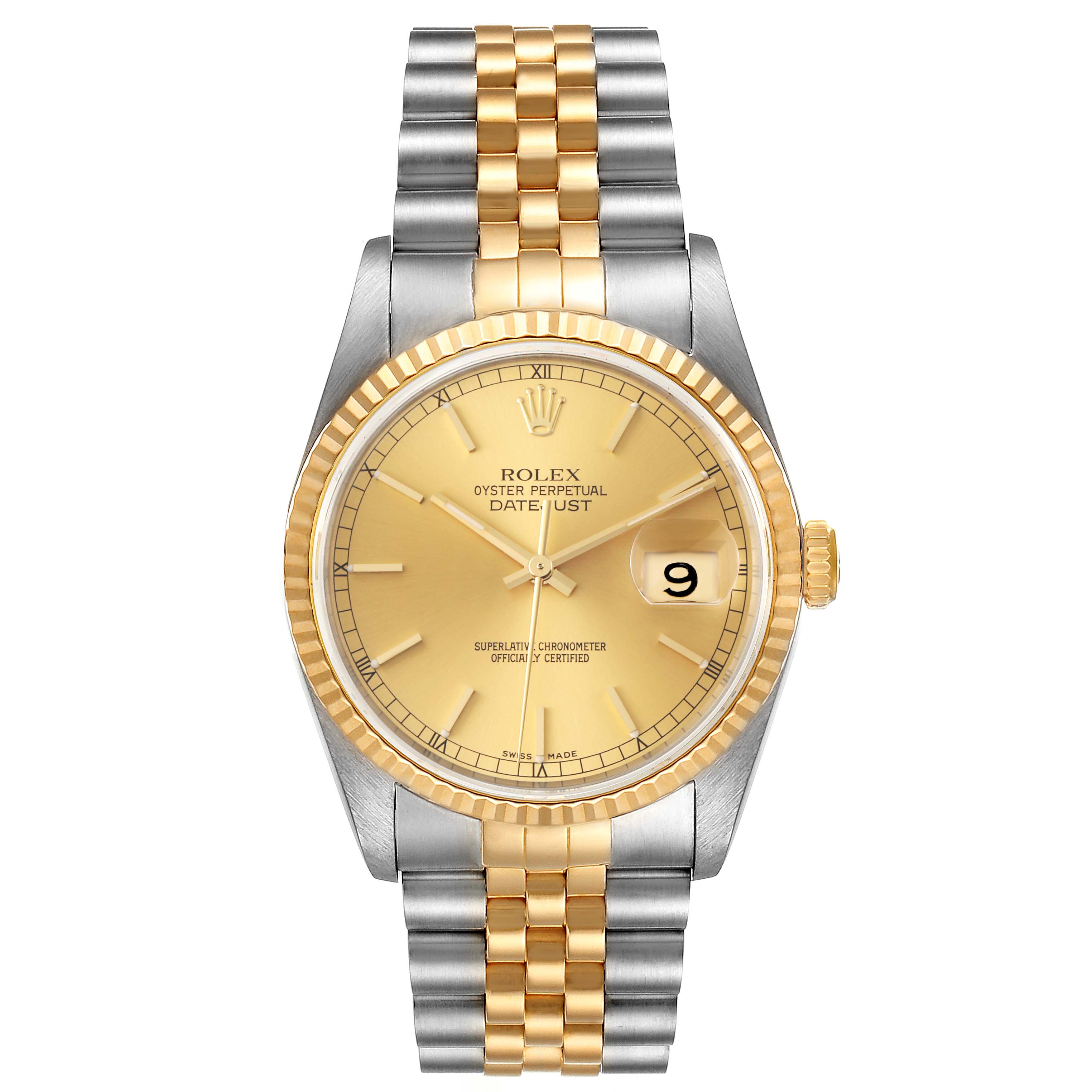 This is a front-view image of a Rolex Datejust 16233 Men's Steel and Gold (two tone) Champagne Dial 16233 Men's Steel and Gold (two tone) Champagne Dial watch, showcasing its gold dial, oyster steel, and gold jubilee bracelet.