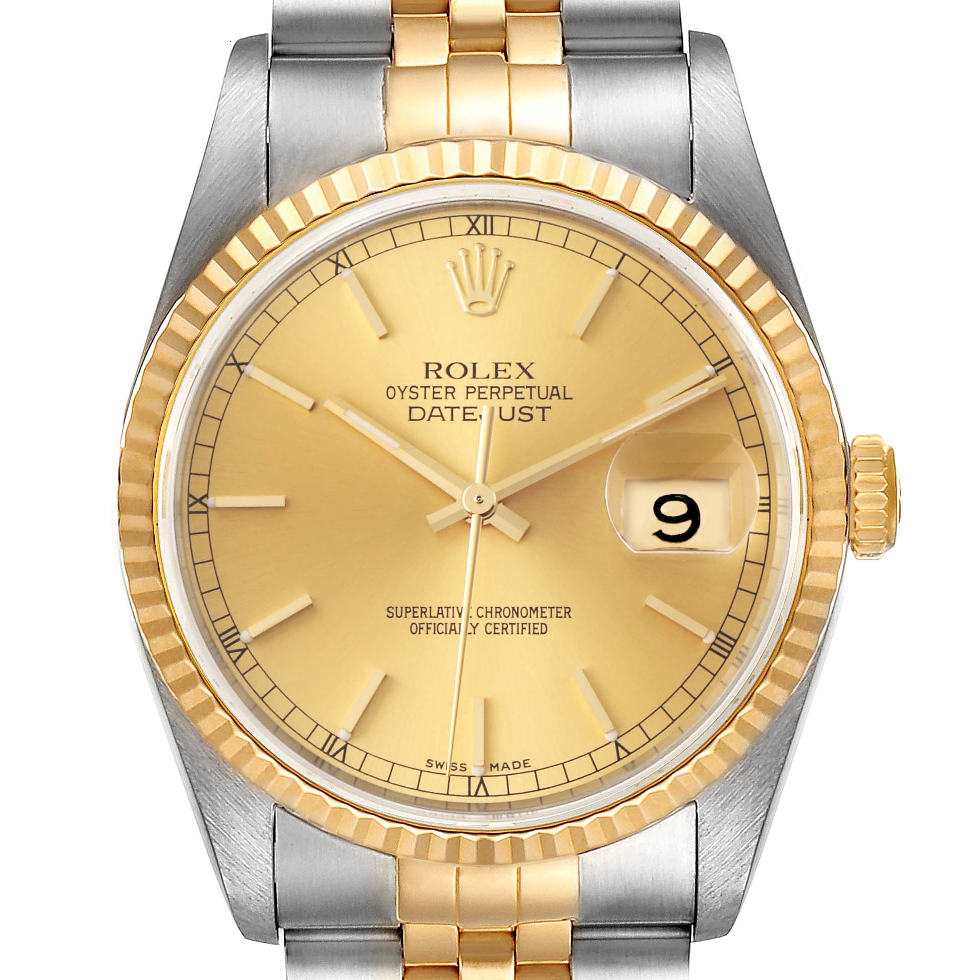 This image shows a straight-on view of a Rolex Datejust 16233 Men's Steel and Gold (two tone) Champagne Dial 16233 Men's Steel and Gold (two tone) Champagne Dial watch, highlighting its gold dial, fluted bezel, and two-tone bracelet.