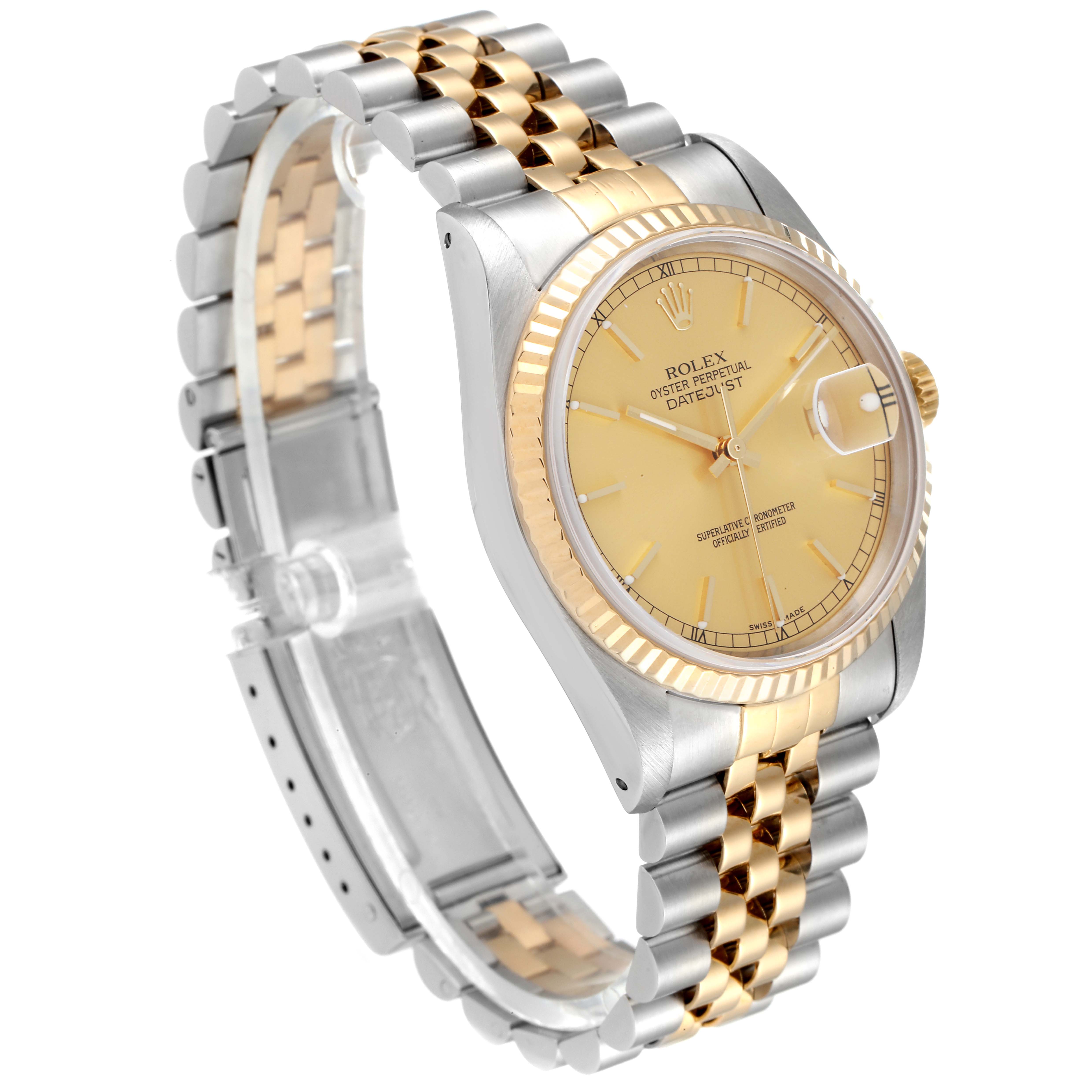 The image shows a side angle view of a Rolex Datejust 16233 Men's Steel and Gold (two tone) Champagne Dial 16233 Men's Steel and Gold (two tone) Champagne Dial, highlighting its two-tone bracelet, fluted bezel, and champagne dial.