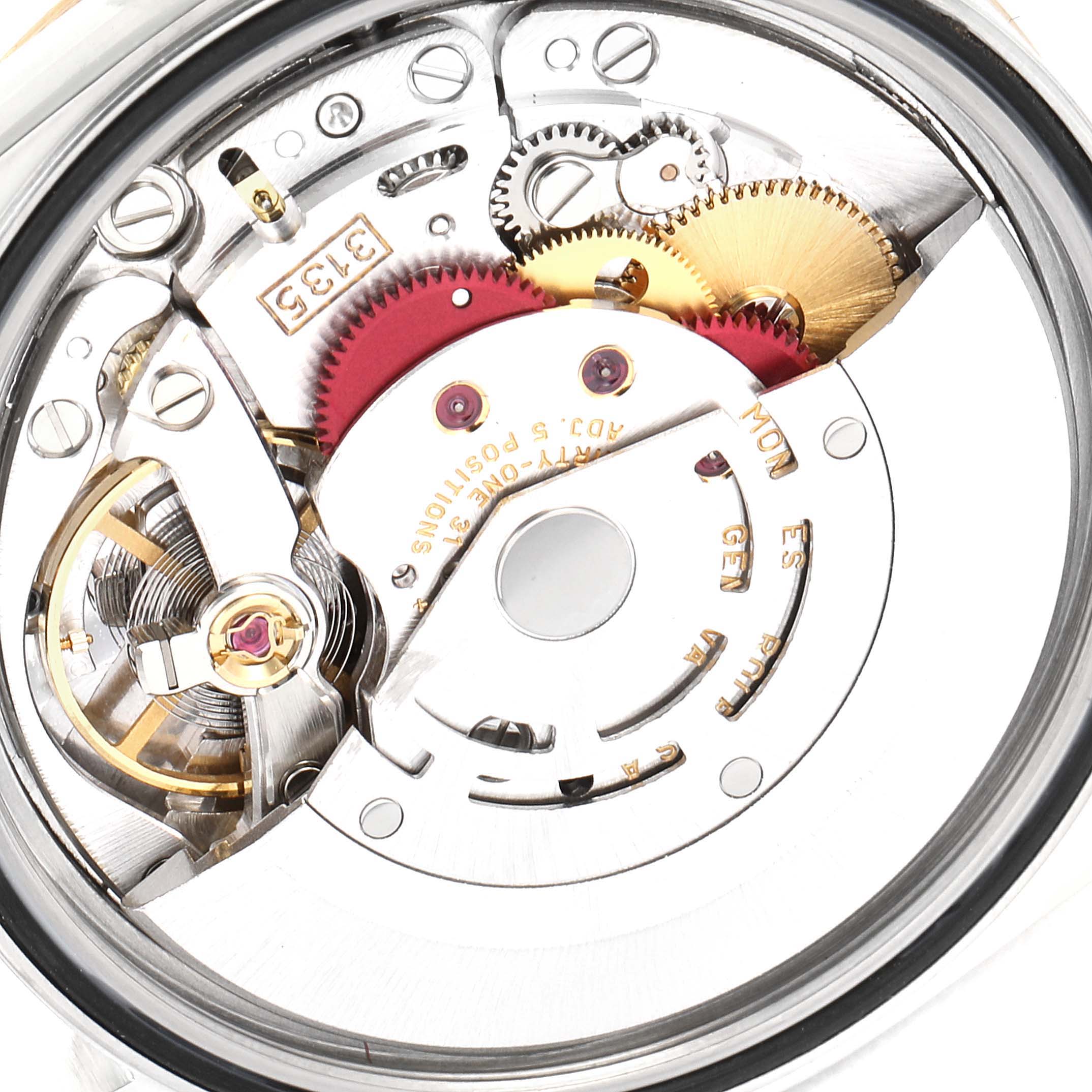 This image shows the internal mechanism of a Rolex Datejust 16233 Men's Steel and Gold (two tone) Champagne Dial 16233 Men's Steel and Gold (two tone) Champagne Dial watch, focusing on its intricate gears and movement components.