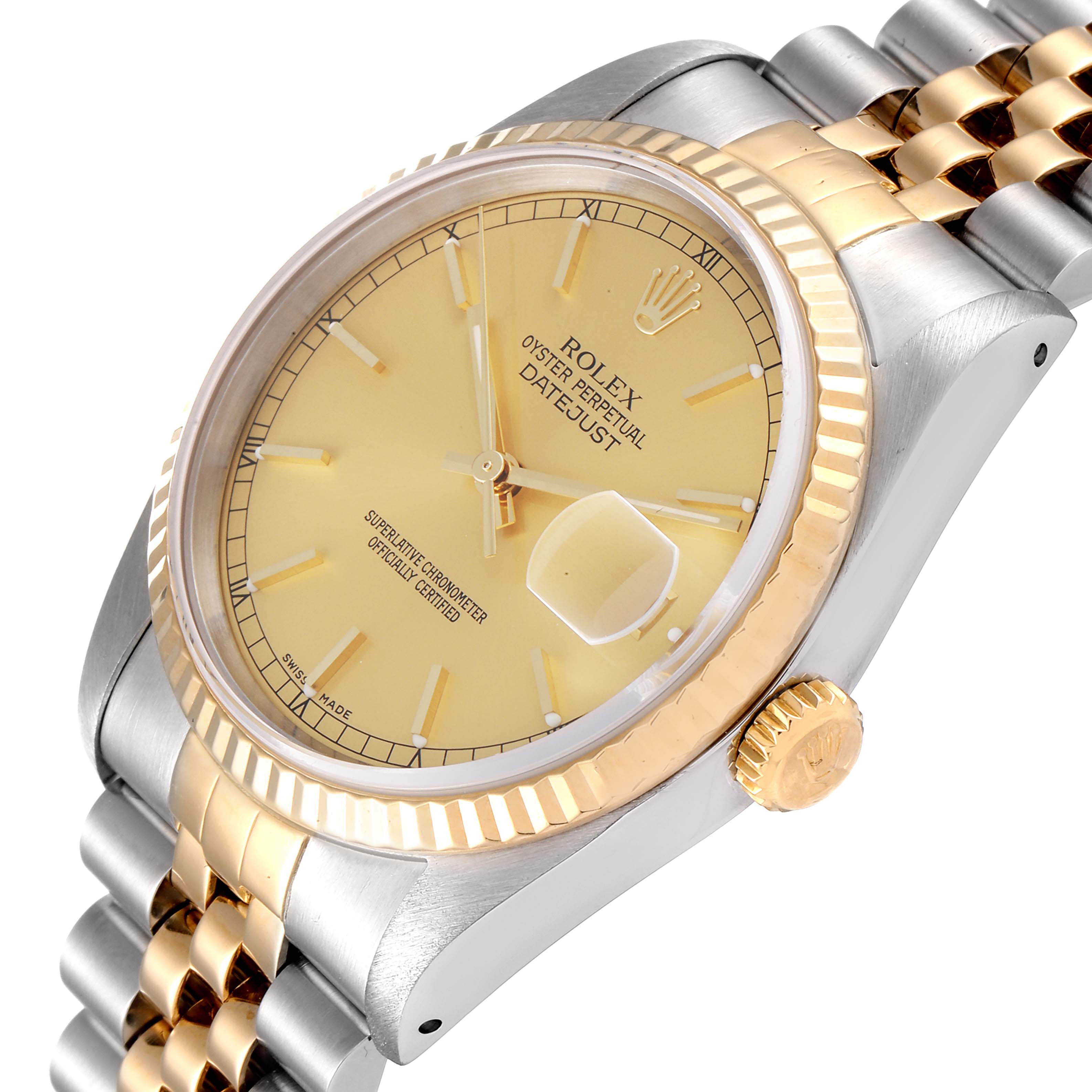 The image shows a Rolex Datejust 16233 Men's Steel and Gold (two tone) Champagne Dial 16233 Men's Steel and Gold (two tone) Champagne Dial watch at a 3/4 angle, highlighting the dial, bezel, crown, and jubilee bracelet.