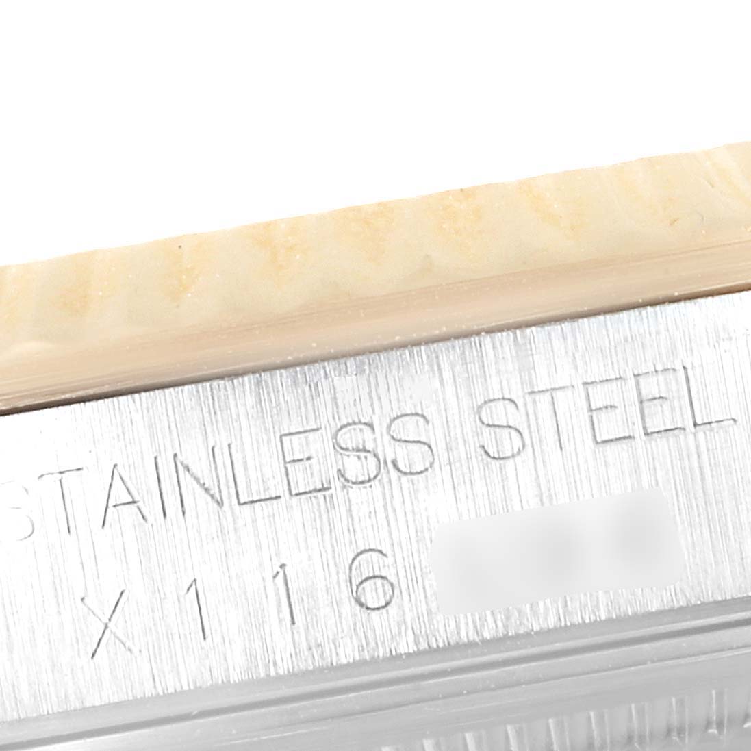 The image shows a close-up angle of the casing and bezel of a Rolex Datejust 16233 Men's Steel and Gold (two tone) Champagne Dial 16233 Men's Steel and Gold (two tone) Champagne Dial model, highlighting the stainless steel material.