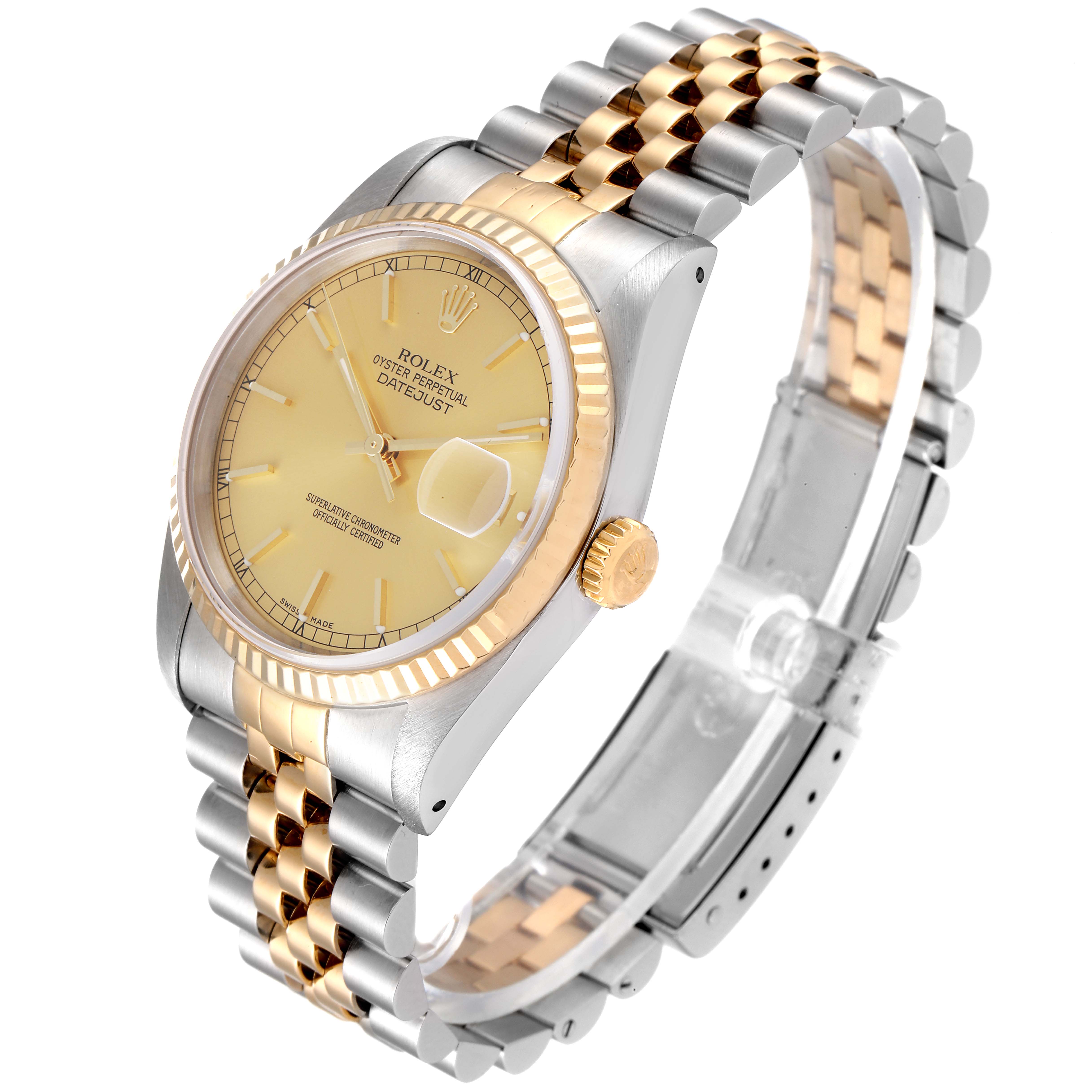 The Rolex Datejust 16233 Men's Steel and Gold (two tone) Champagne Dial 16233 Men's Steel and Gold (two tone) Champagne Dial watch is shown at a front angle, displaying the dial, bezel, crown, and bracelet.