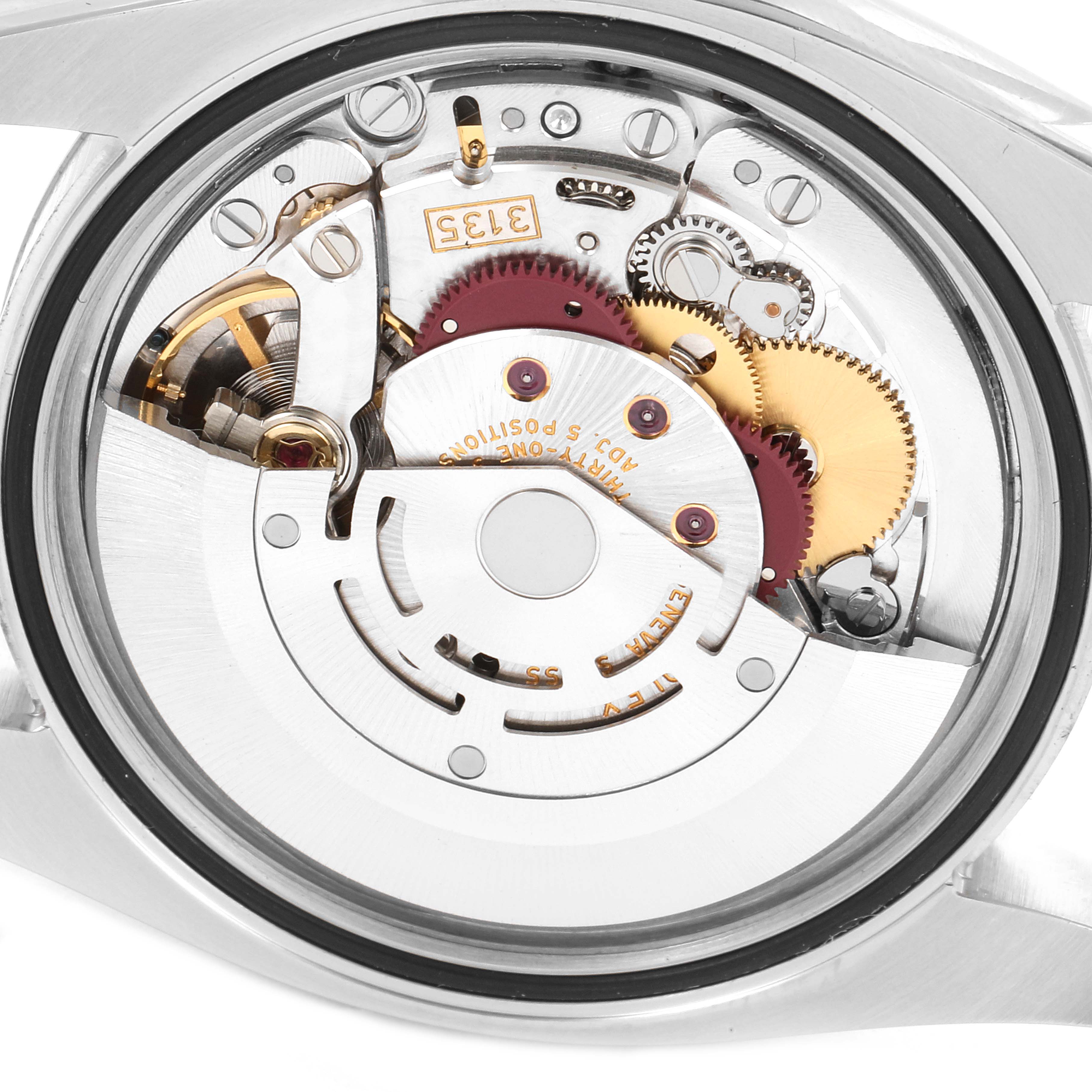 This image shows the inner mechanical movement and components of a Rolex Datejust 116234 Men
s Stainless Steel Black Dial 116234 Men
s Stainless Steel Black Dial watch from the back.
