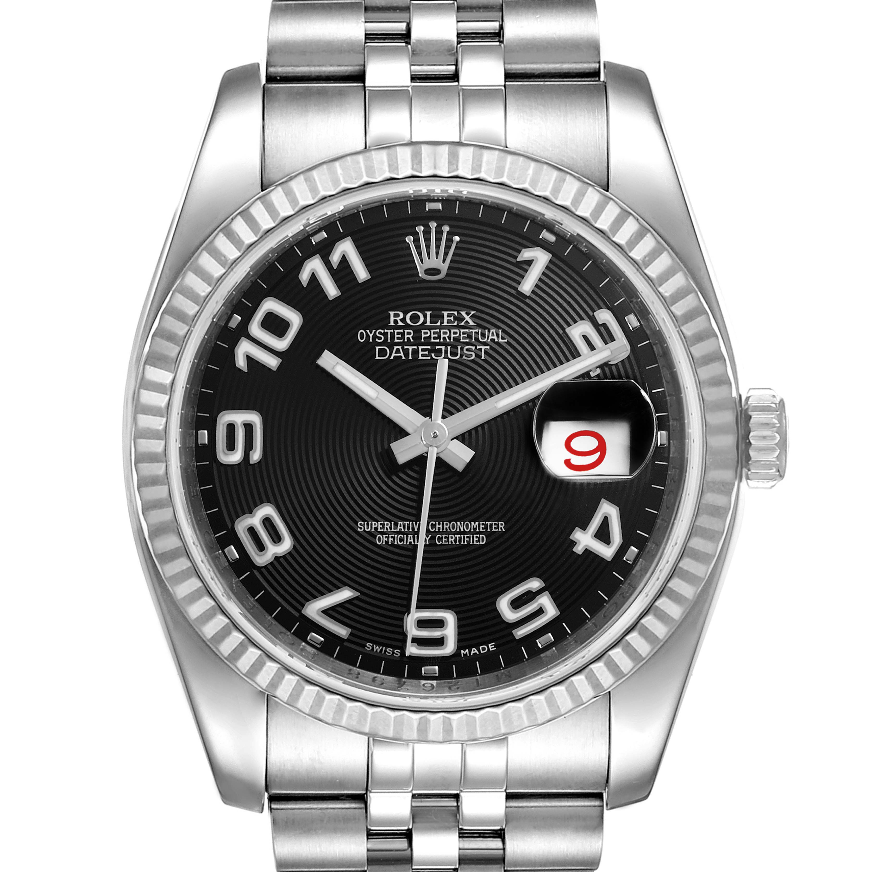 The image shows a front view of the Rolex Datejust 116234 Men
s Stainless Steel Black Dial 116234 Men
s Stainless Steel Black Dial watch, highlighting its black dial, date display, and stainless steel bracelet.