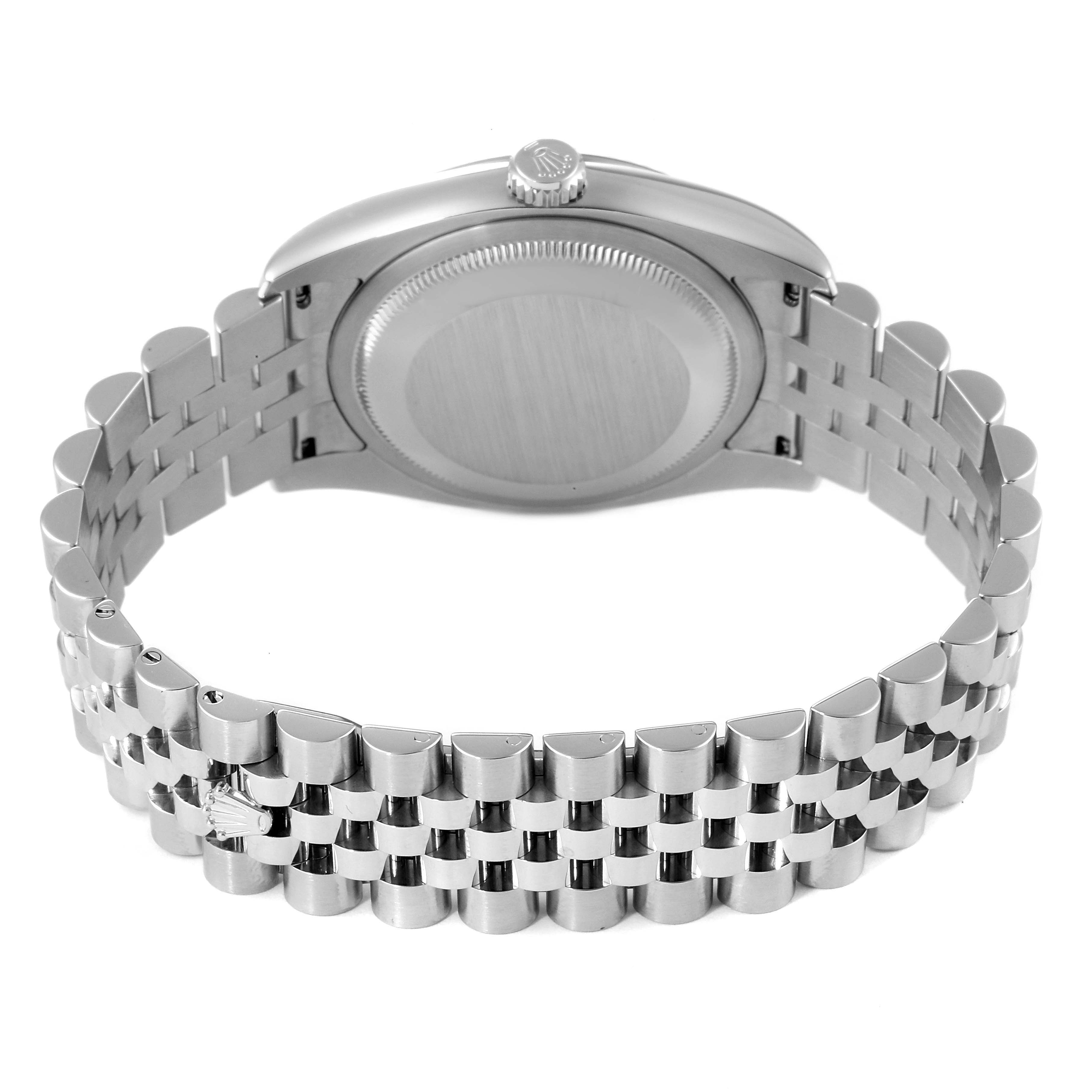 The image shows the case back and Jubilee bracelet of a Rolex Datejust 116234 Men
s Stainless Steel Black Dial 116234 Men
s Stainless Steel Black Dial watch from a straight-on rear angle.