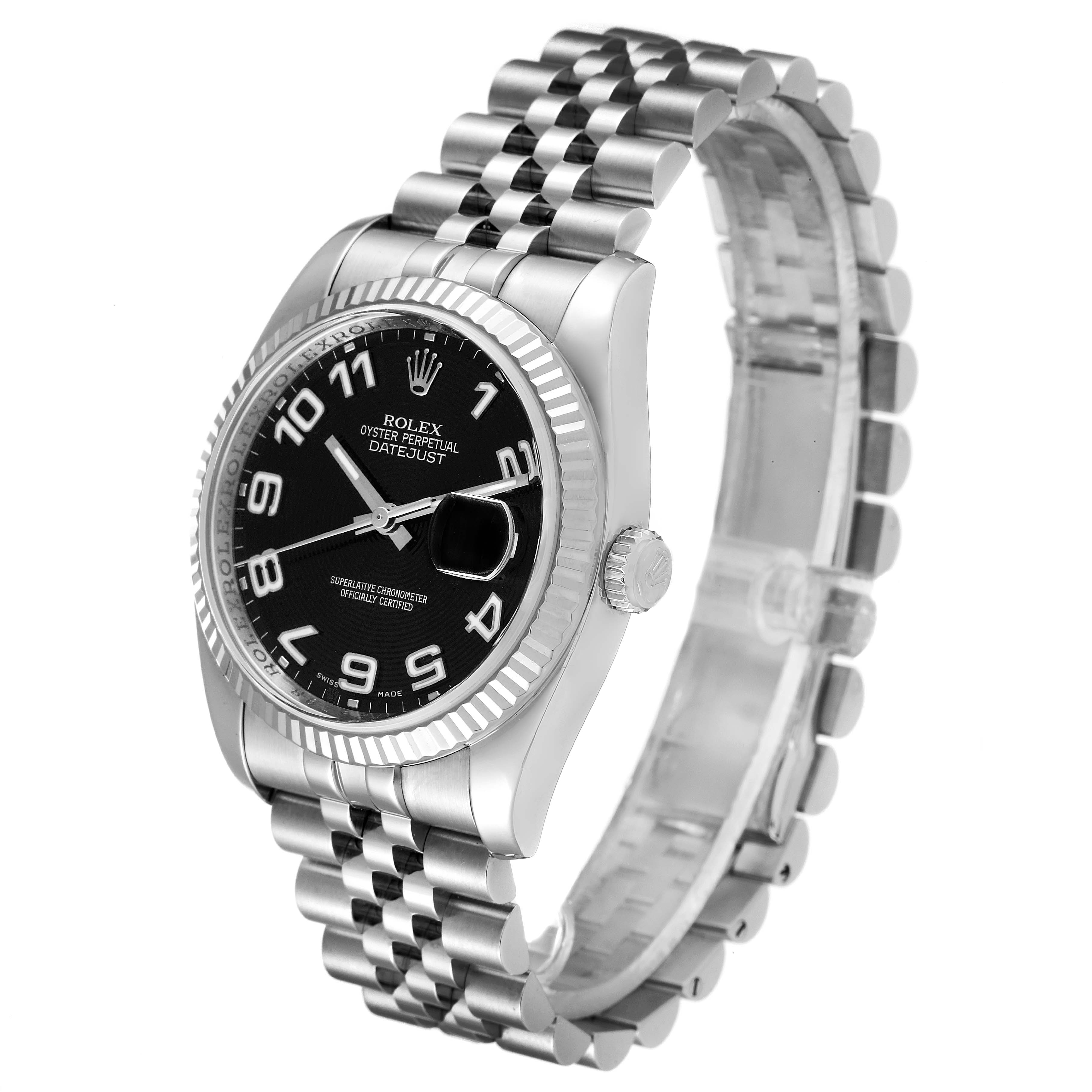 The Rolex Datejust 116234 Men
s Stainless Steel Black Dial 116234 Men
s Stainless Steel Black Dial watch is shown at a three-quarter angle, displaying the face, bezel, crown, and metal bracelet.