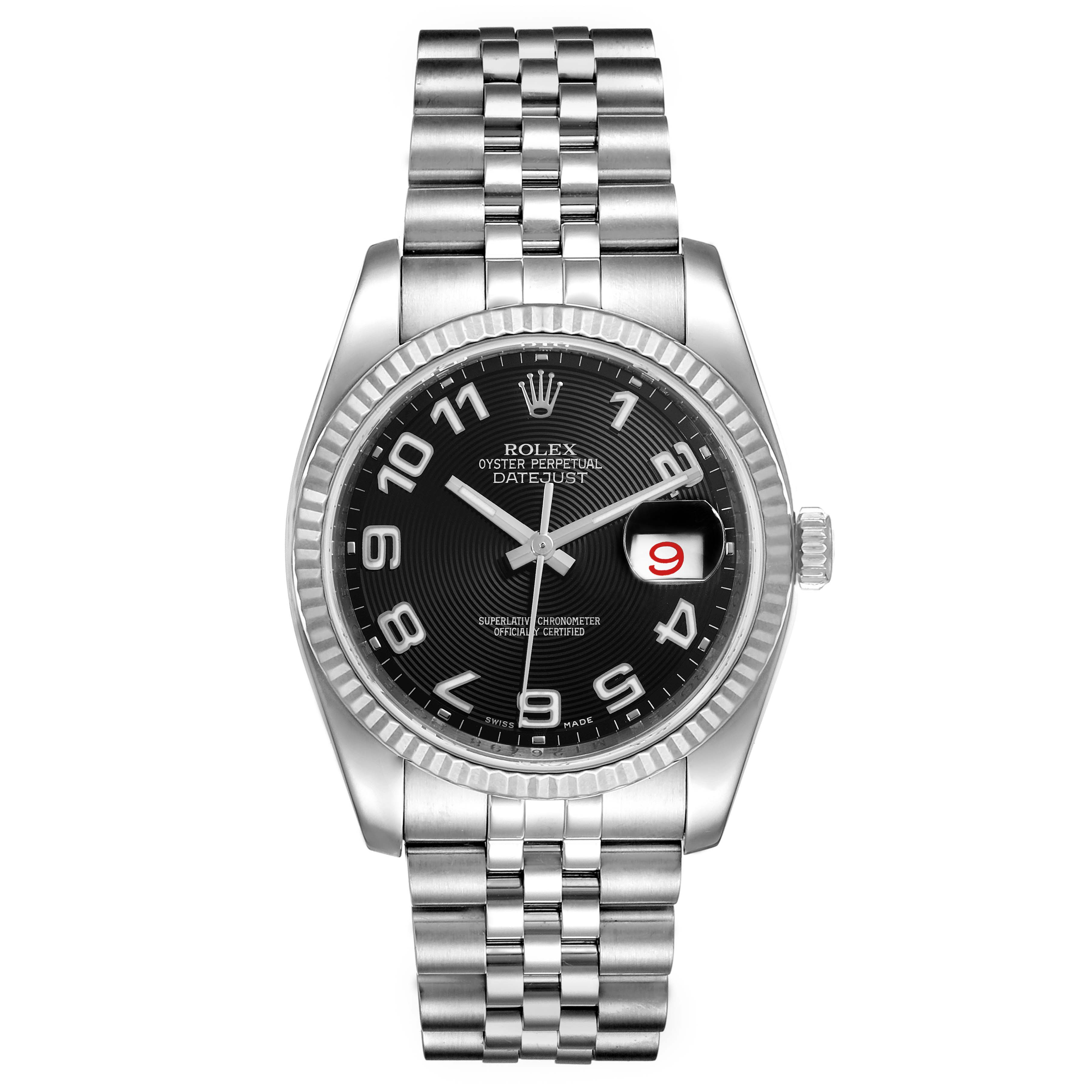 The image shows a front view of a Rolex Datejust 116234 Men
s Stainless Steel Black Dial 116234 Men
s Stainless Steel Black Dial watch, highlighting its black dial, stainless steel case, and bracelet.