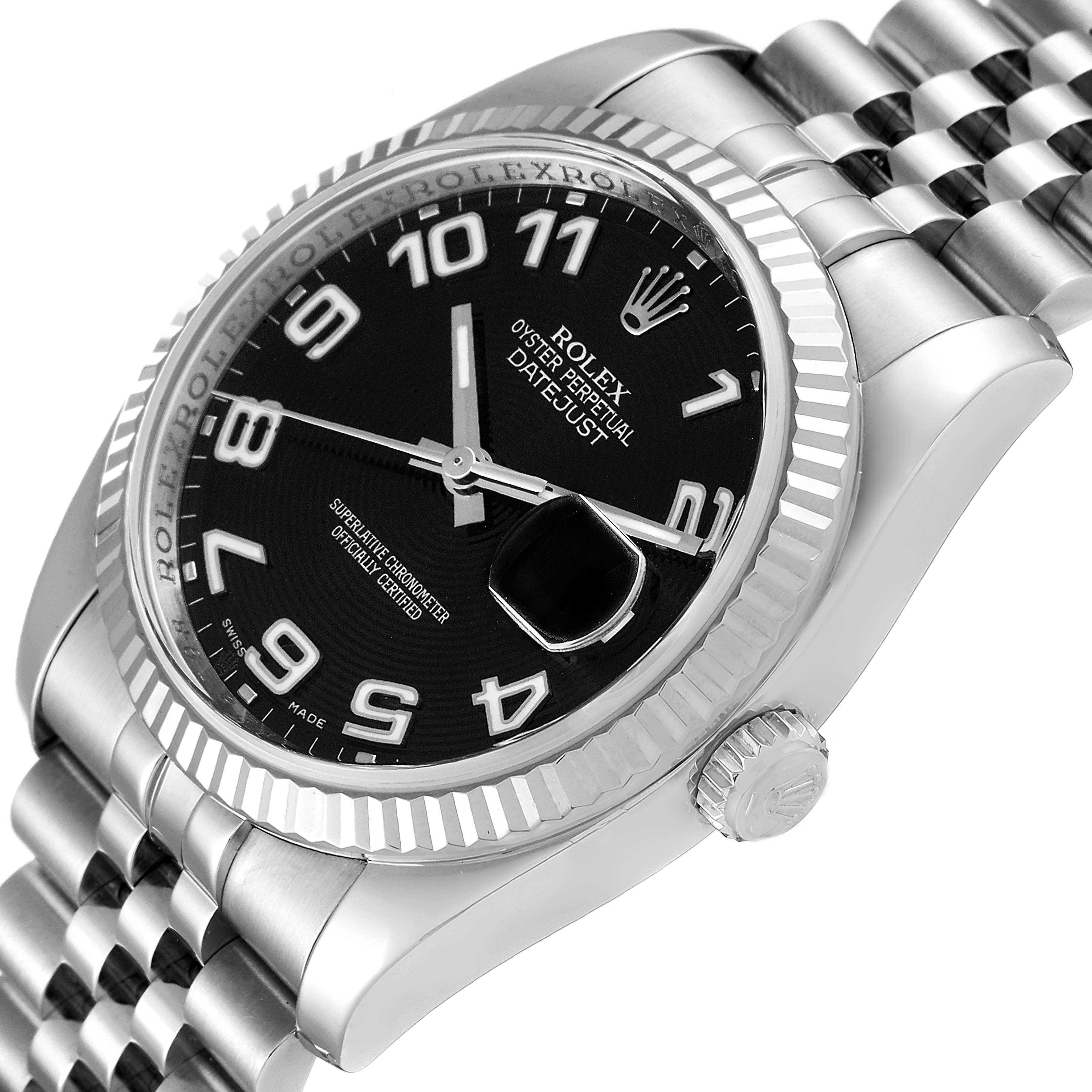 The Rolex Datejust 116234 Men
s Stainless Steel Black Dial 116234 Men
s Stainless Steel Black Dial watch is shown at a slight side angle, highlighting its black dial, silver bezel, and bracelet.